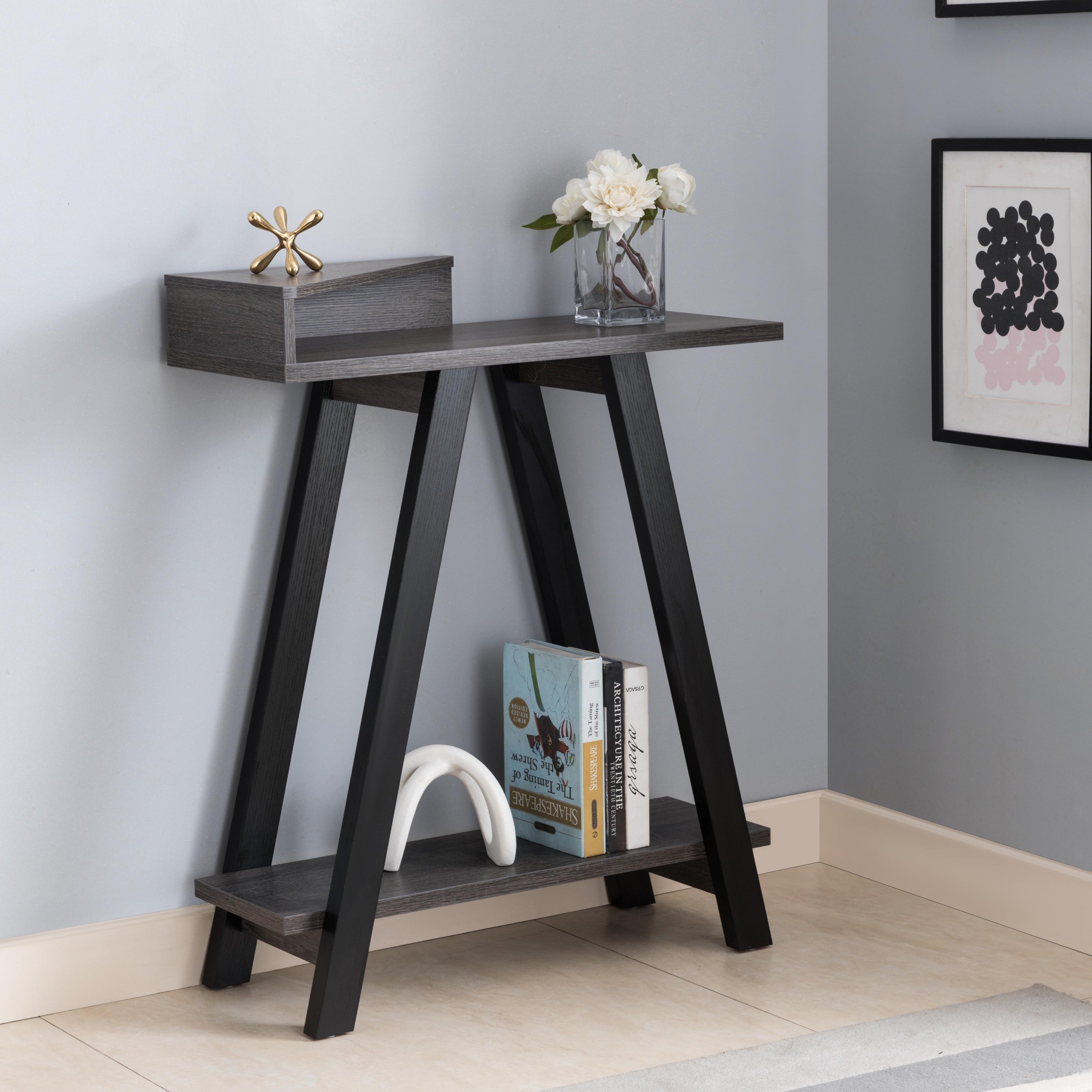 Modern Black & Grey Console Table w/ 2 Shelves