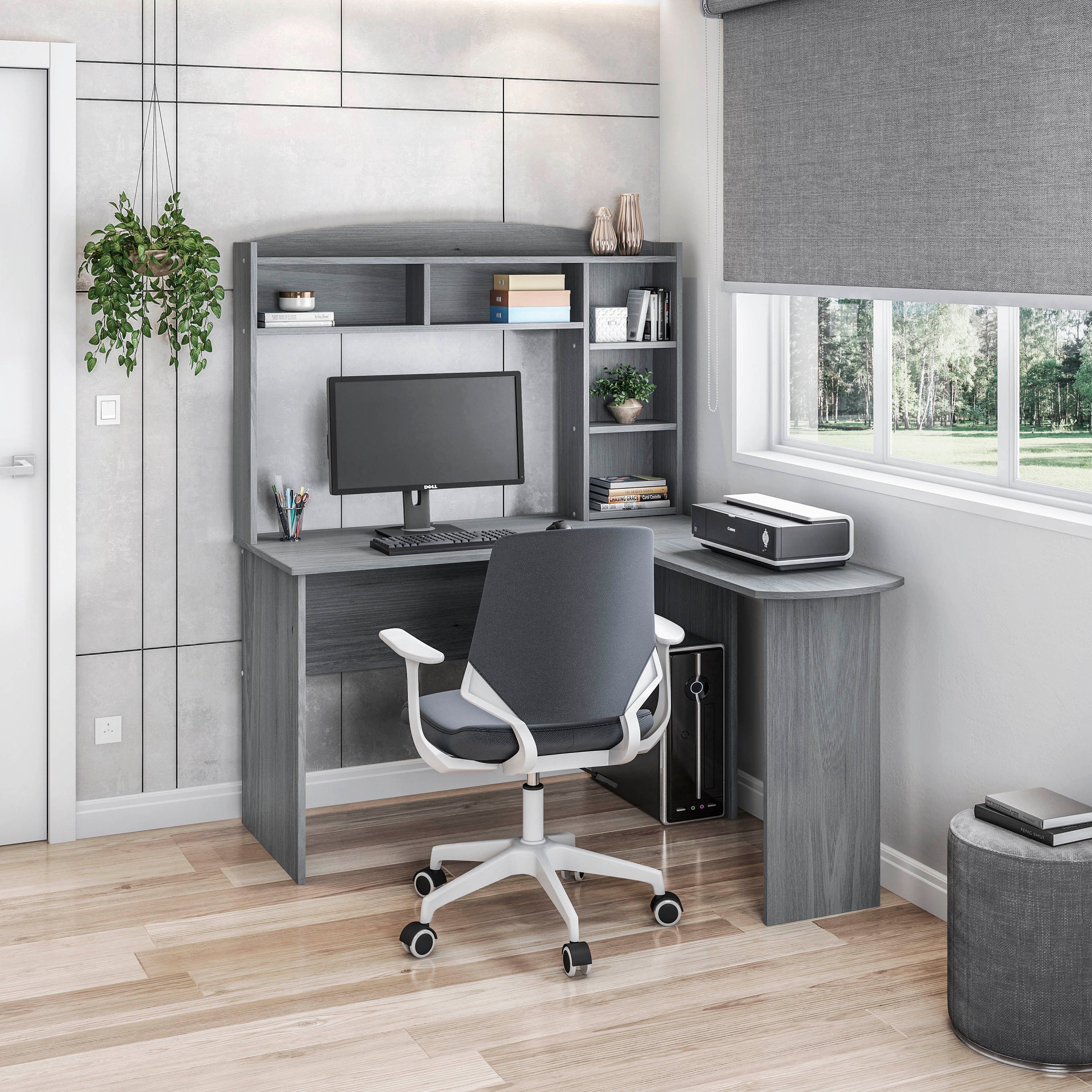 L-Shaped Desk w/ Hutch, Grey