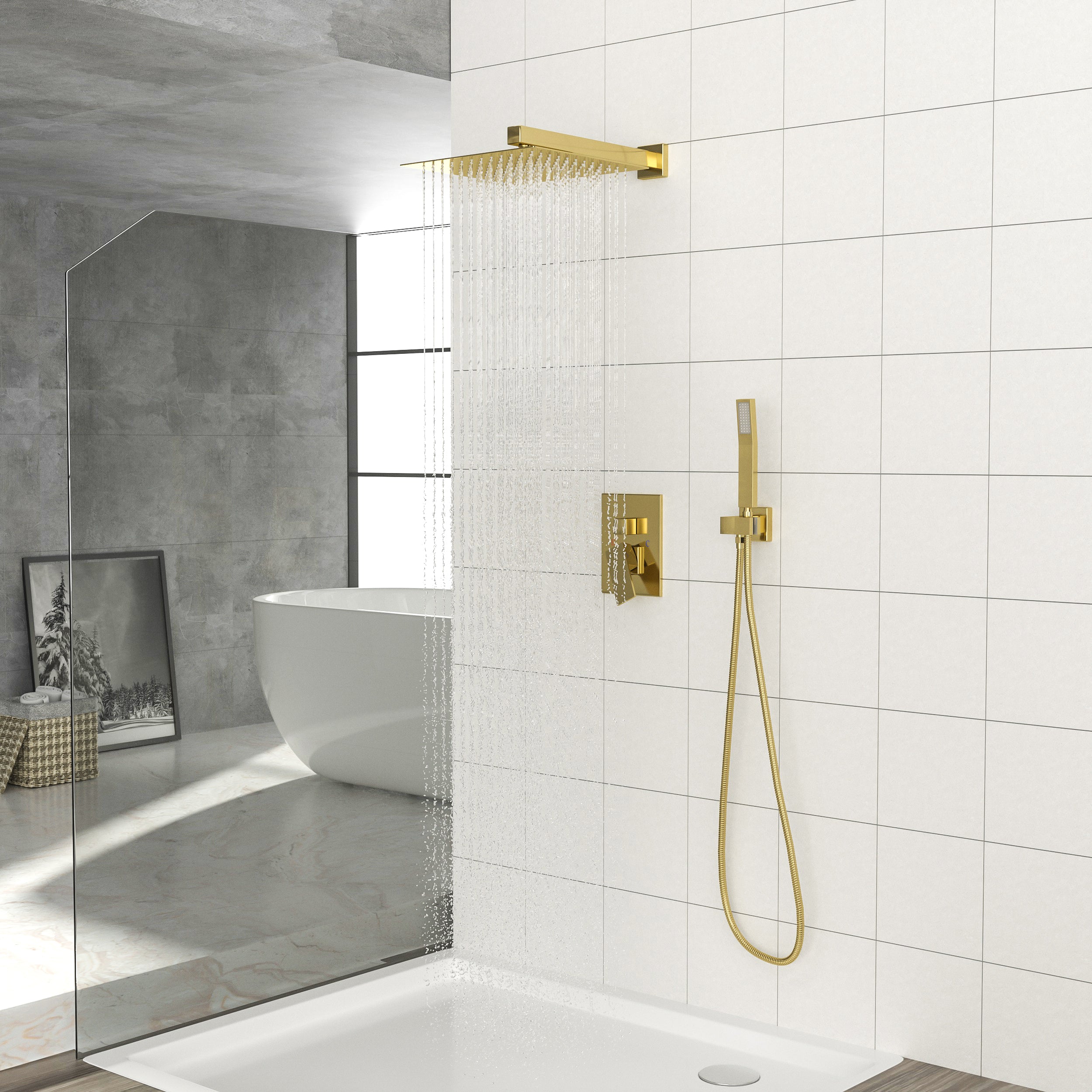 Gold Square Shower System: 12" Dual Shower Head