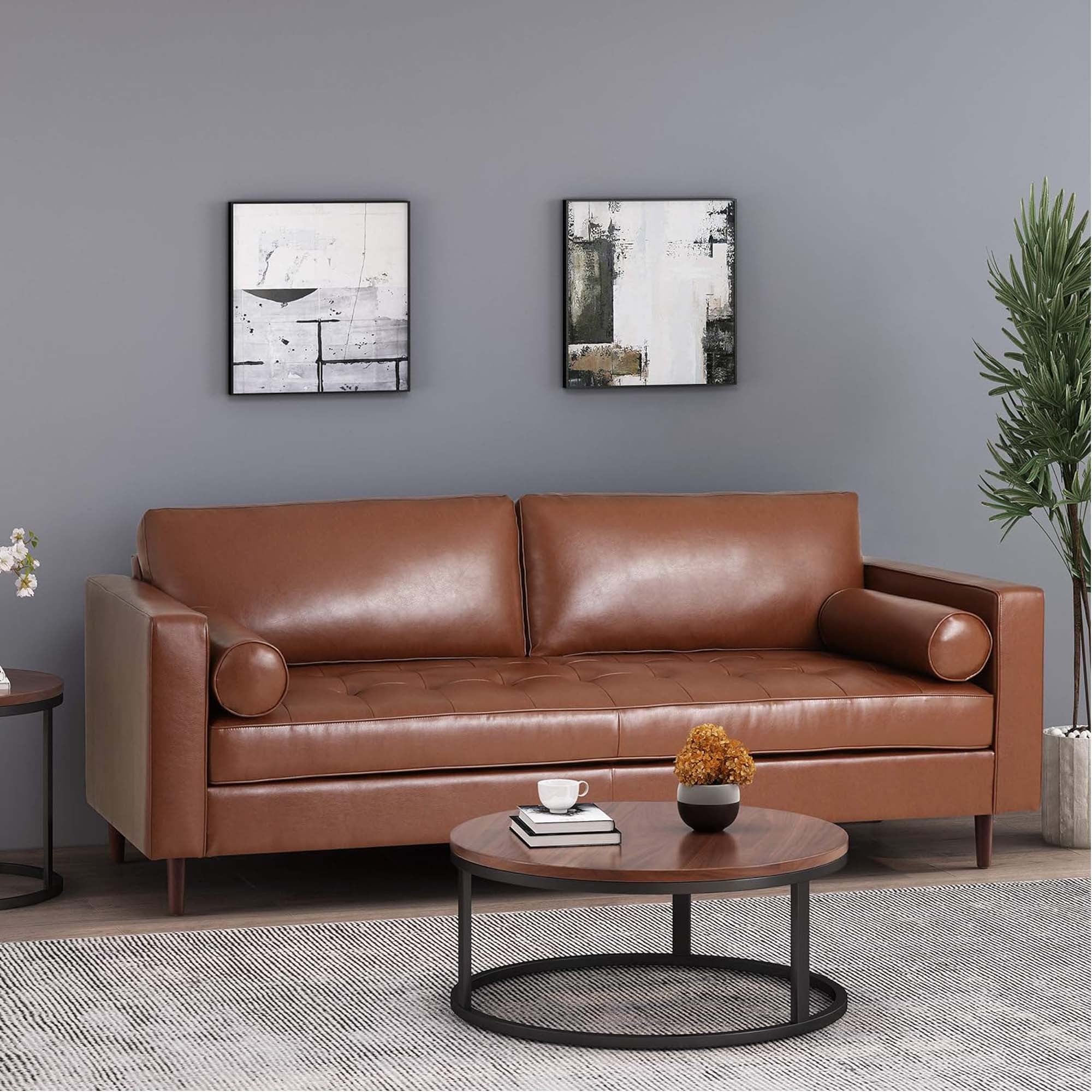 Mirod Comfy 3-Seat Sofa: PU Leather, Wooden Legs