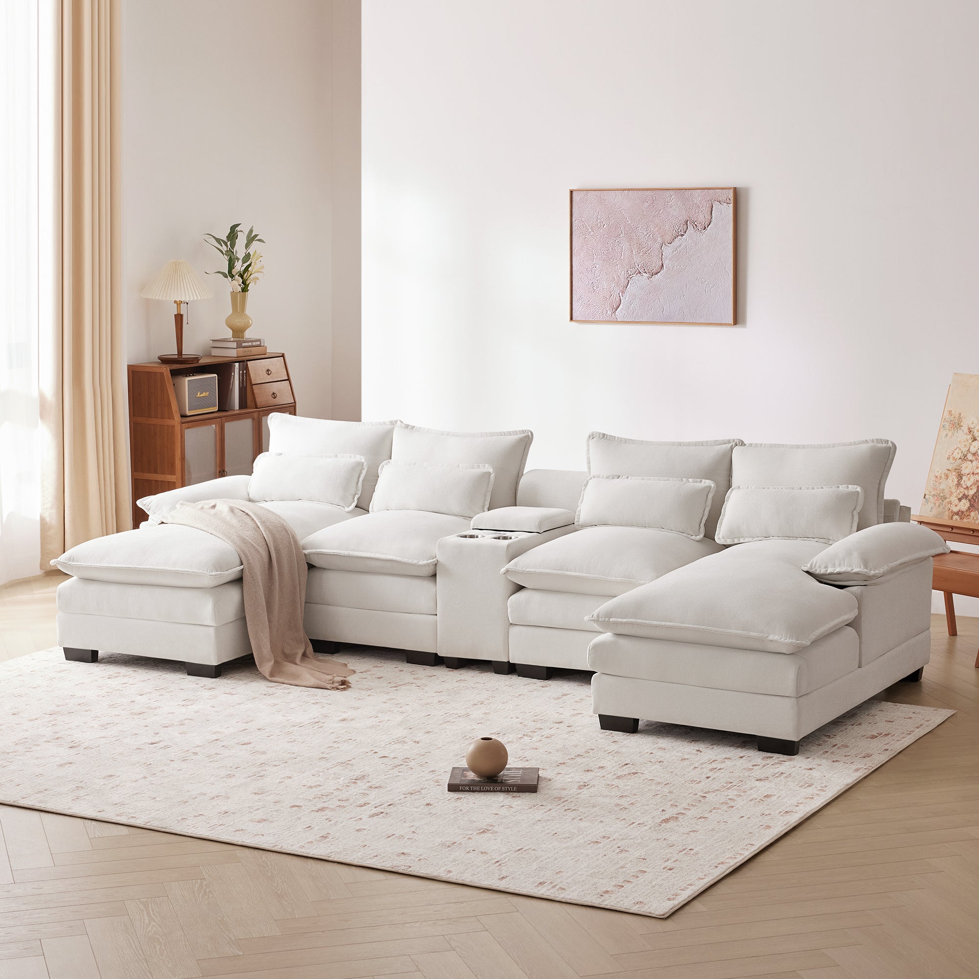 Modern U-Shaped Sofa w/ Console, Cupholders & USB (6-Seat)