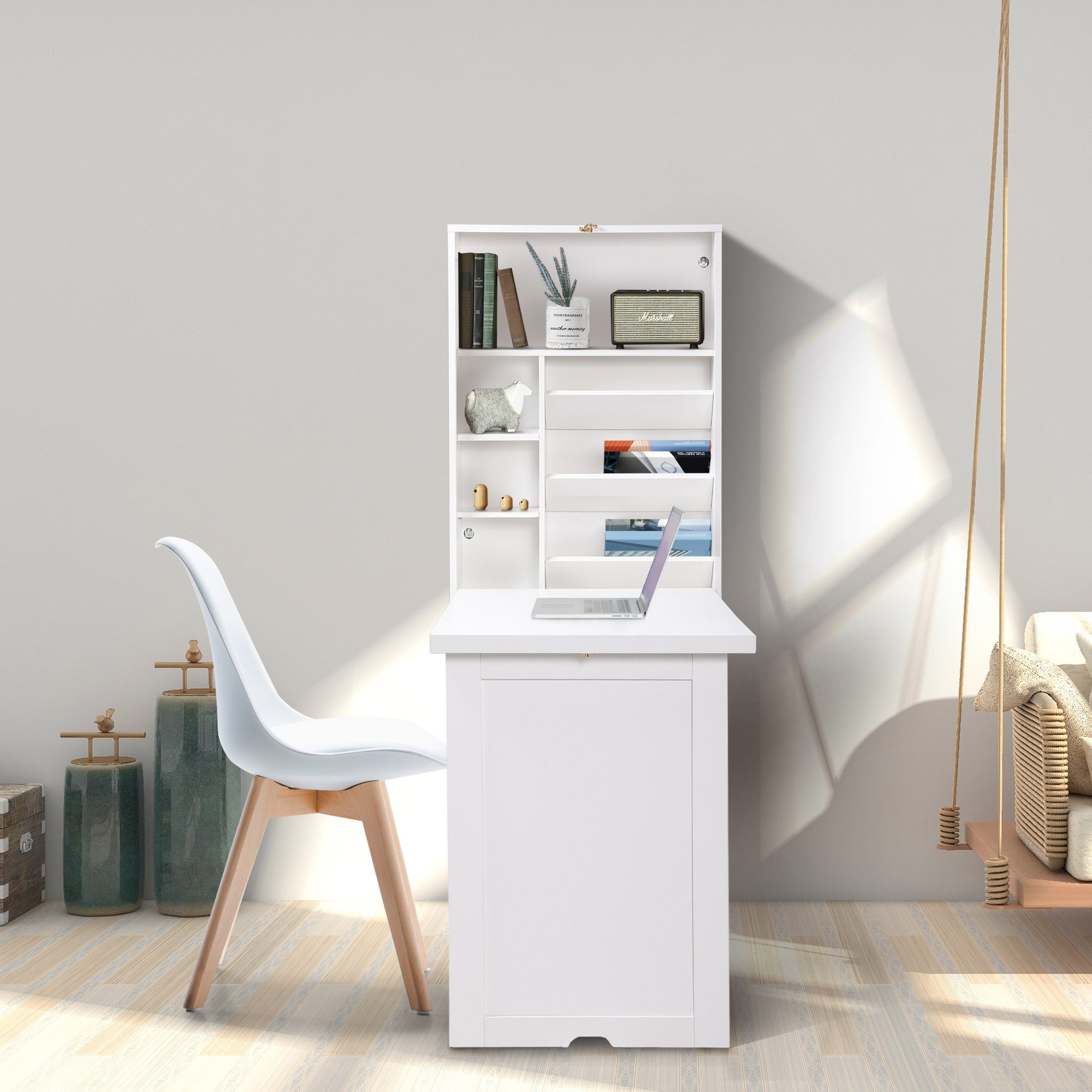 Wall Mounted Folding Desk | Compact Wood Desk | White