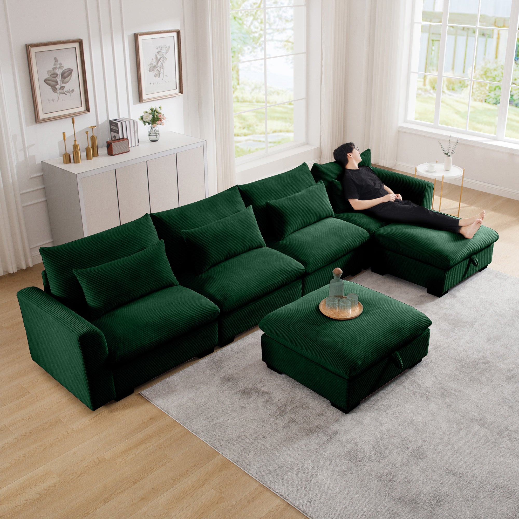 Green Corduroy Sectional Sofa with Storage