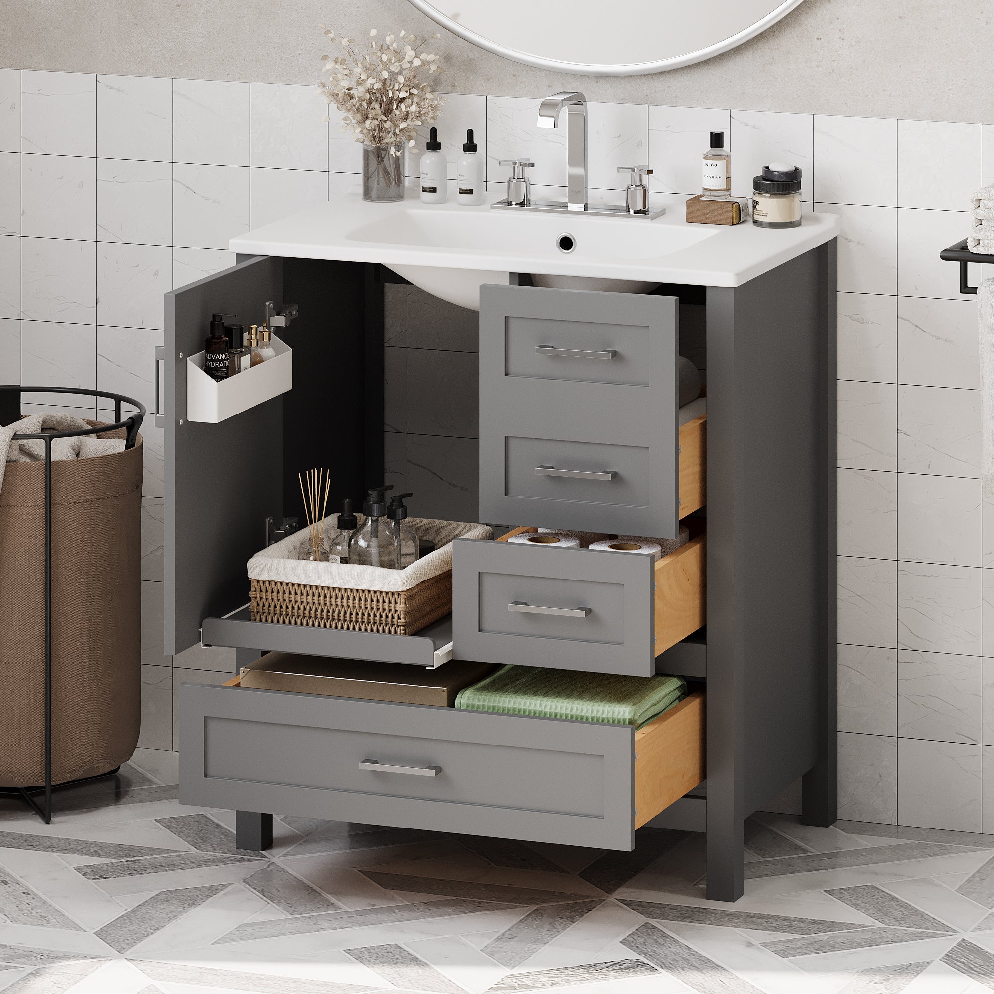 30" Gray Vanity Set: Sink, Storage & Drawers