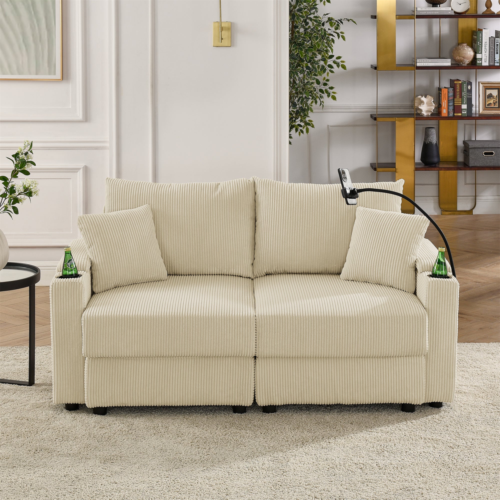 Beige Corduroy Loveseat with Storage & Cup Holders