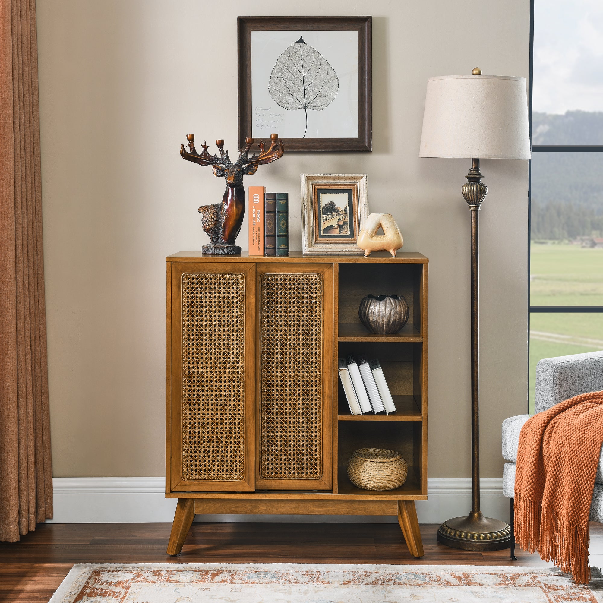 Mid-Century Rattan Sideboard: Solid Wood & Adjustable Shelf