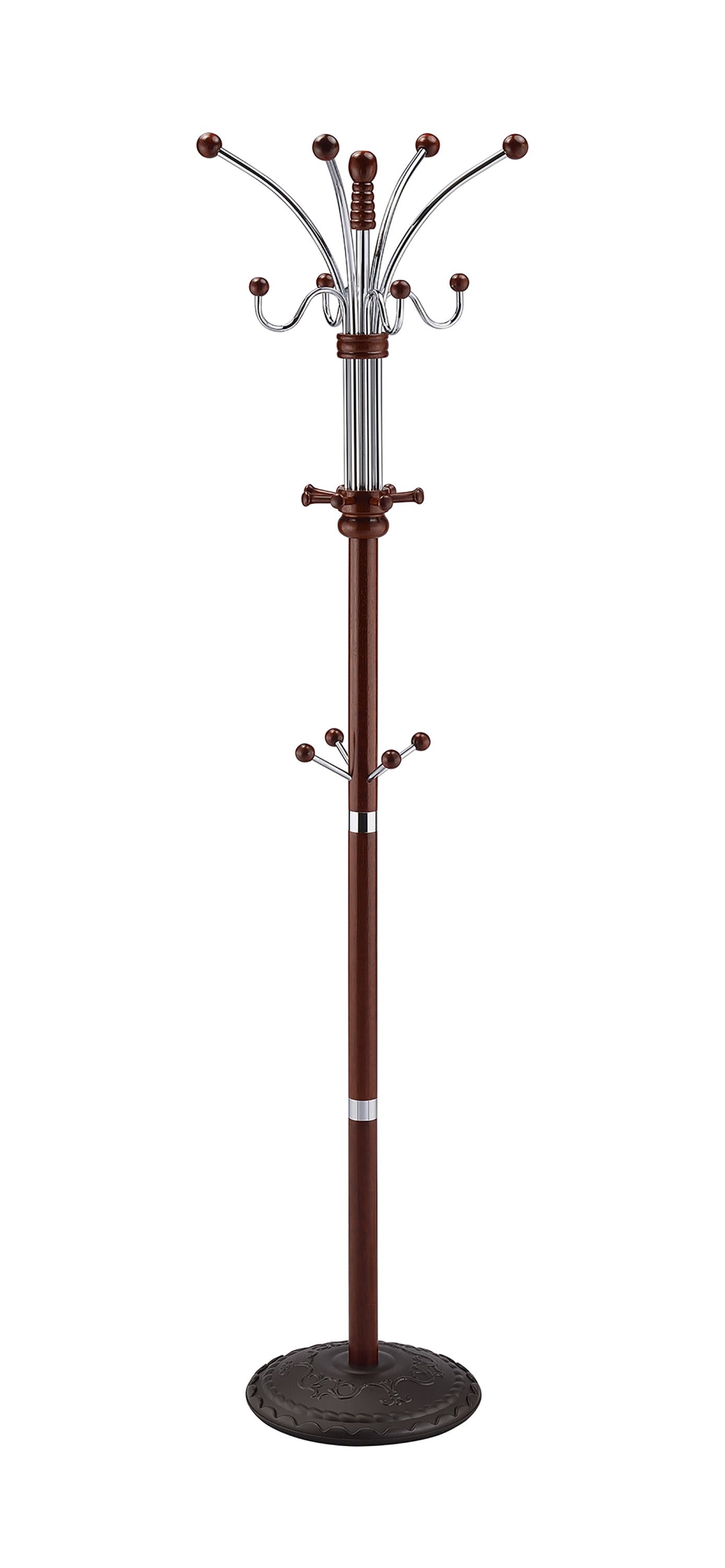 73" Chrome & Wood Coat Rack, Cherry Finish