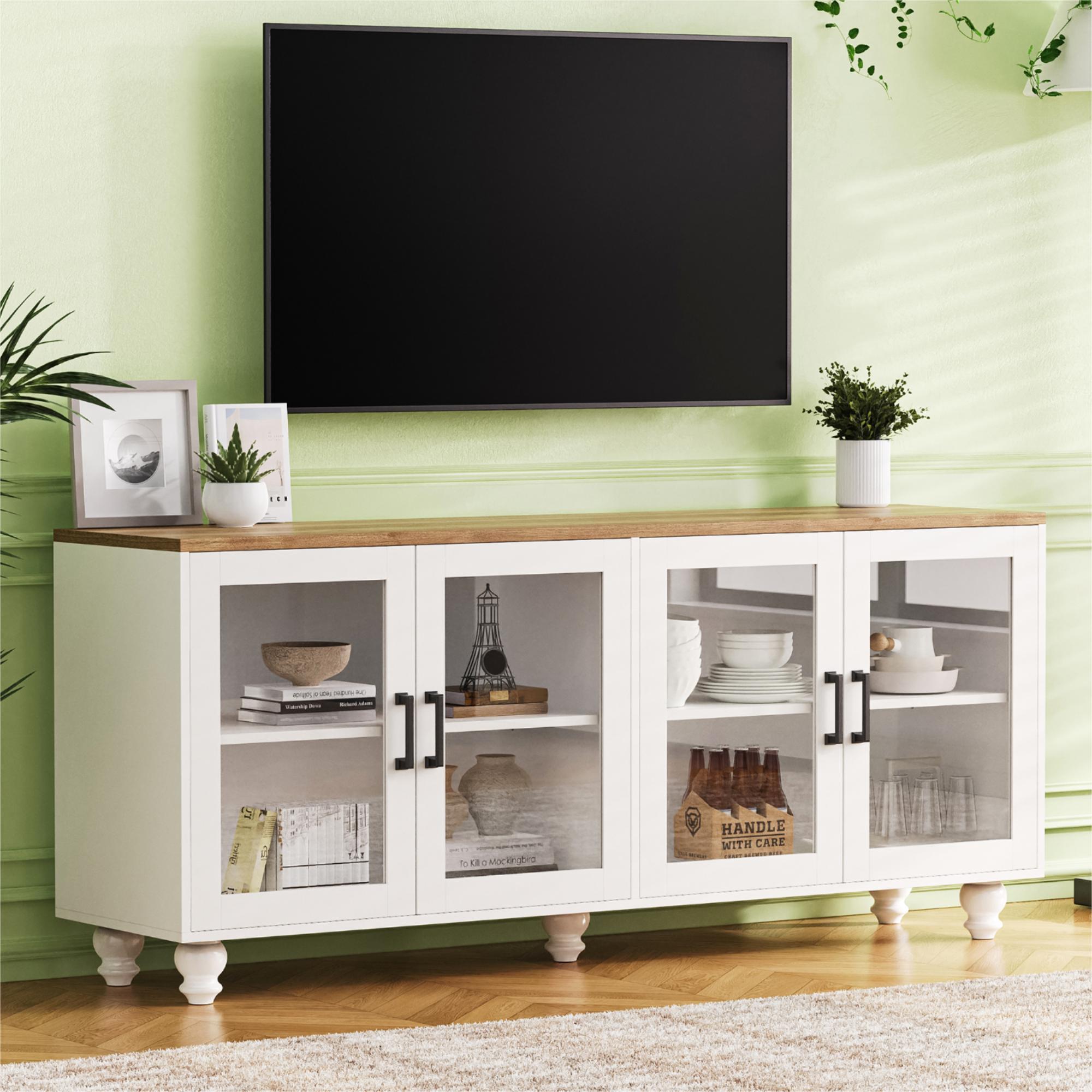 Farmhouse TV Stand w/ Glass Doors, 70" TV Console, White Buffet