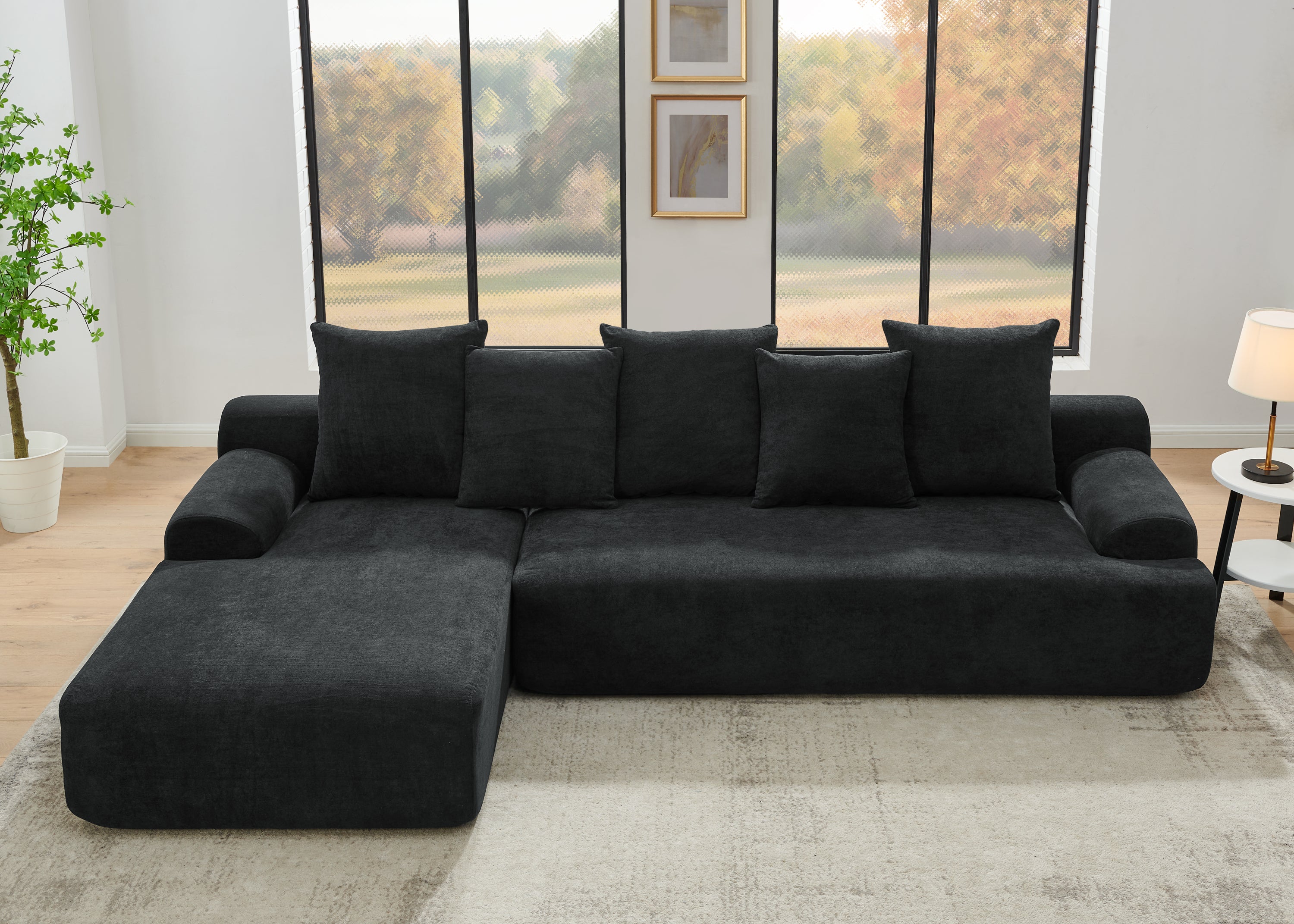 Modern Upholstered L-Shape Sectional Sofa, Black Velvet