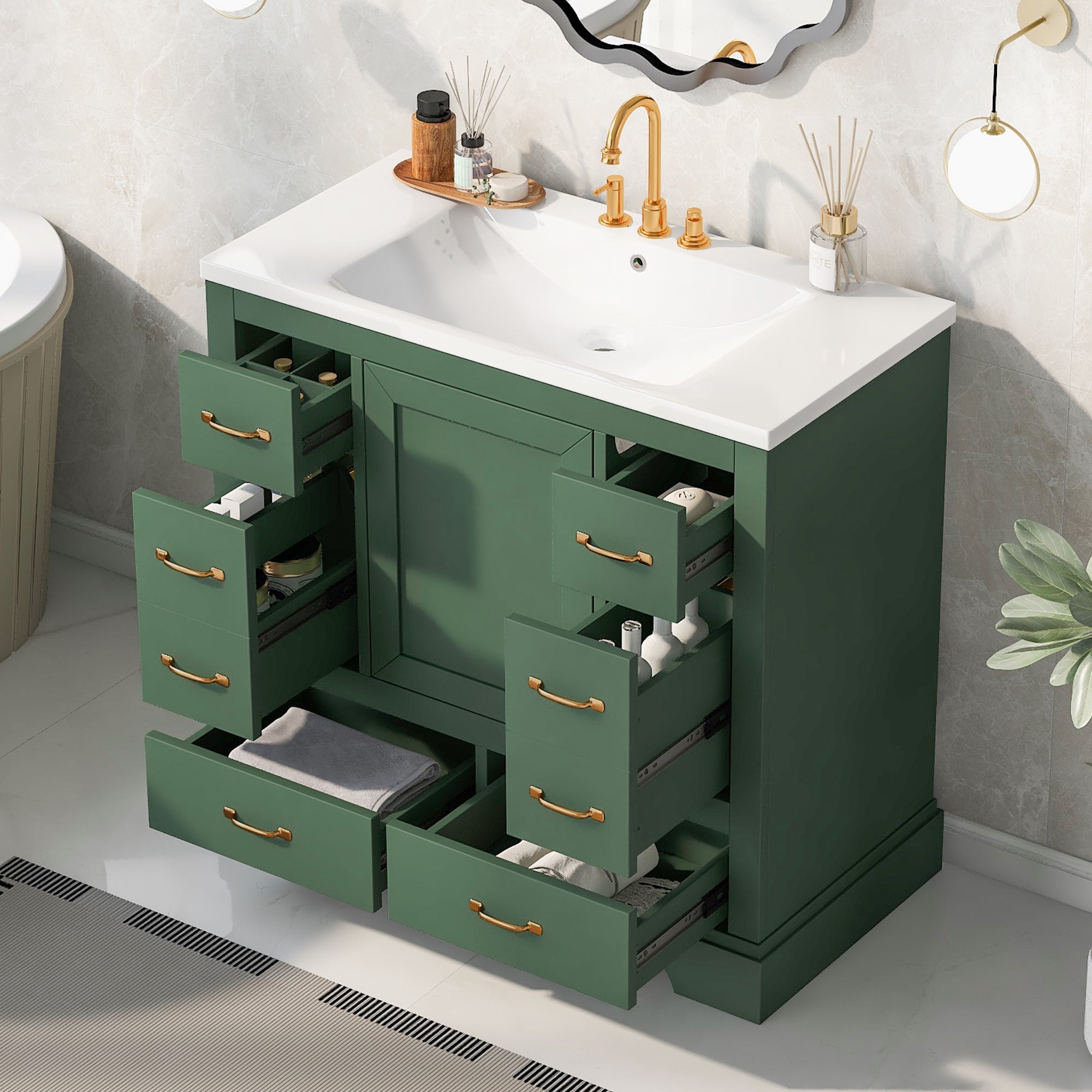 36" Green Vanity with Sink & 6 Drawers