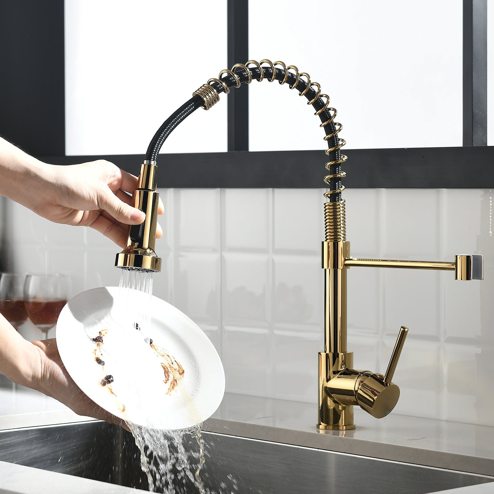 Black & Gold Kitchen Faucet with Sprayer