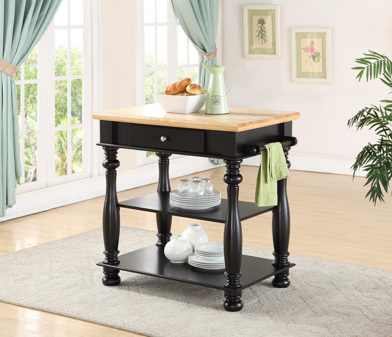 Black Kitchen Island: Prep & Storage Cart with Butcher Block Top