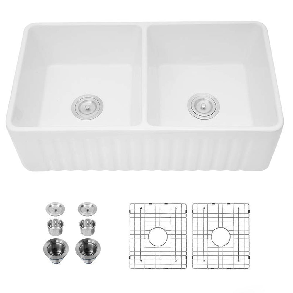 Farmhouse Ceramic Sink: 33x18x10" Double Basin