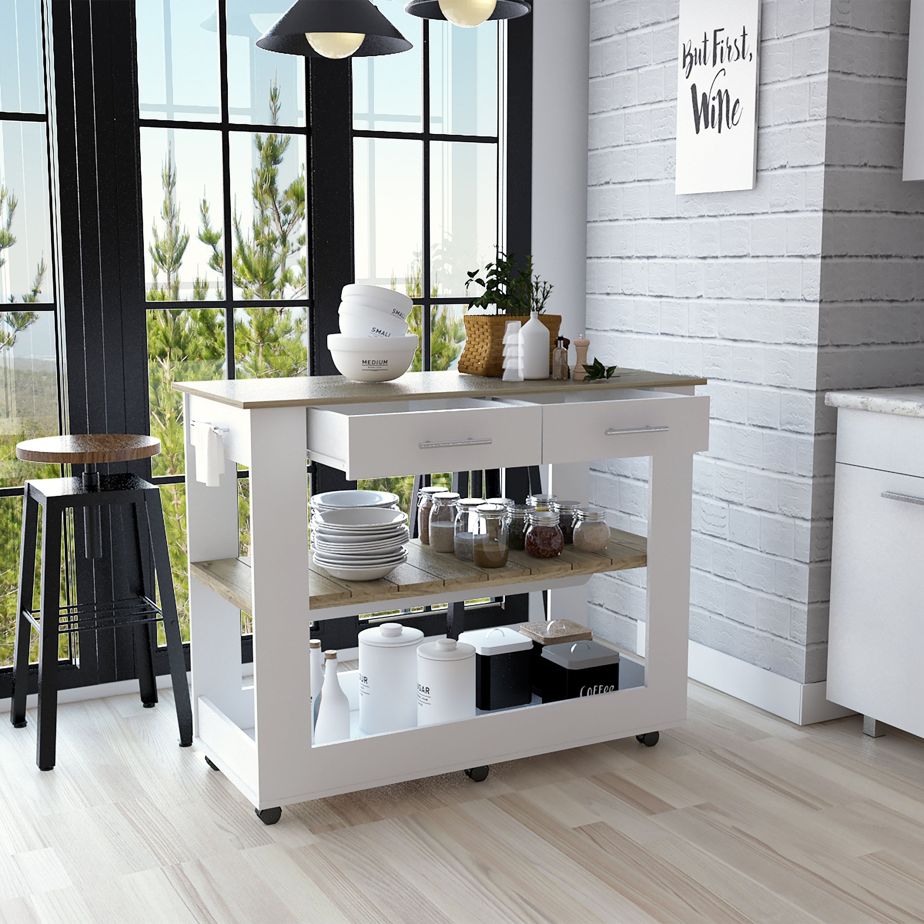 46" Kitchen Island: White/Oak, 2 Drawers