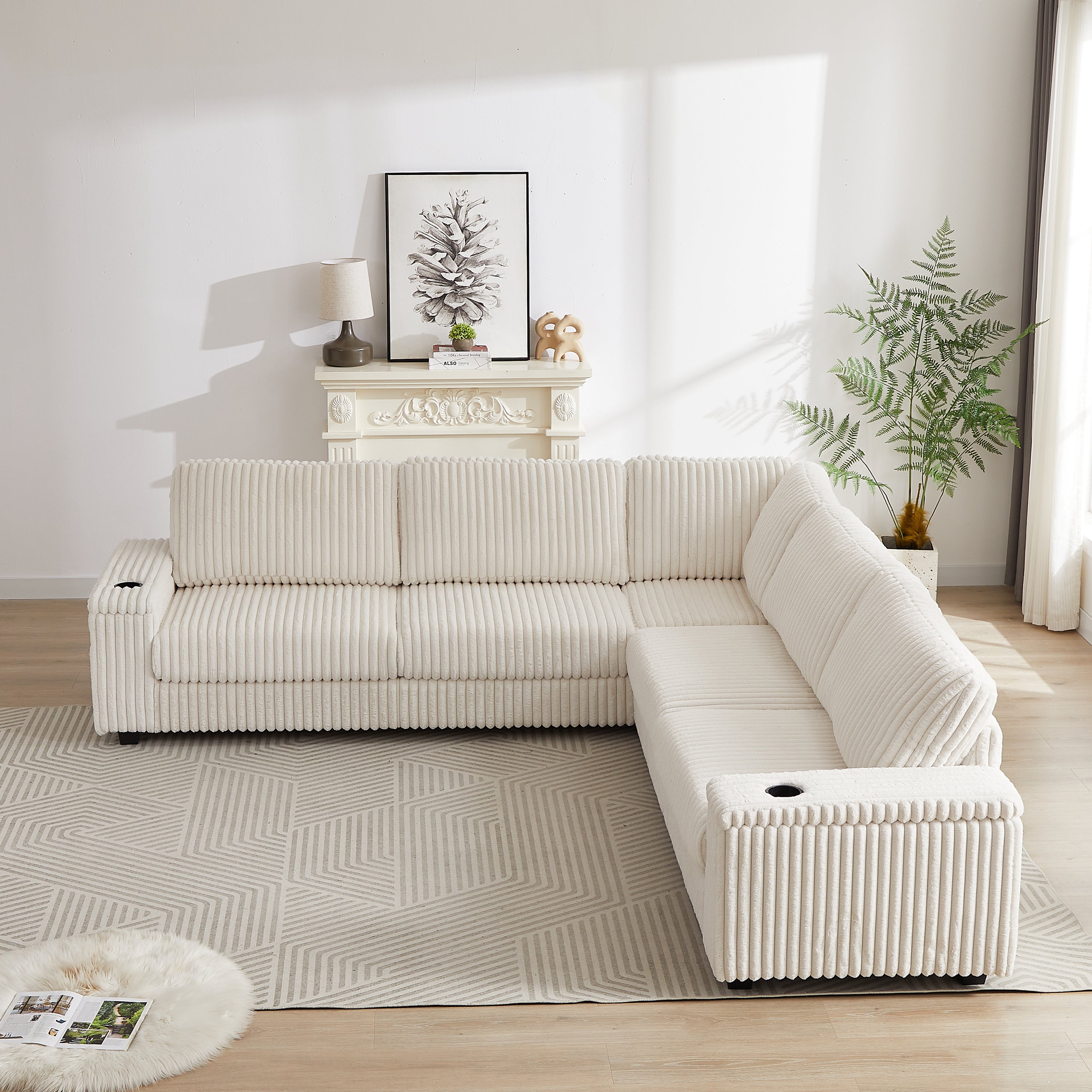 110" Corduroy Corner Sofa w/ Storage, USB & Cup Holder