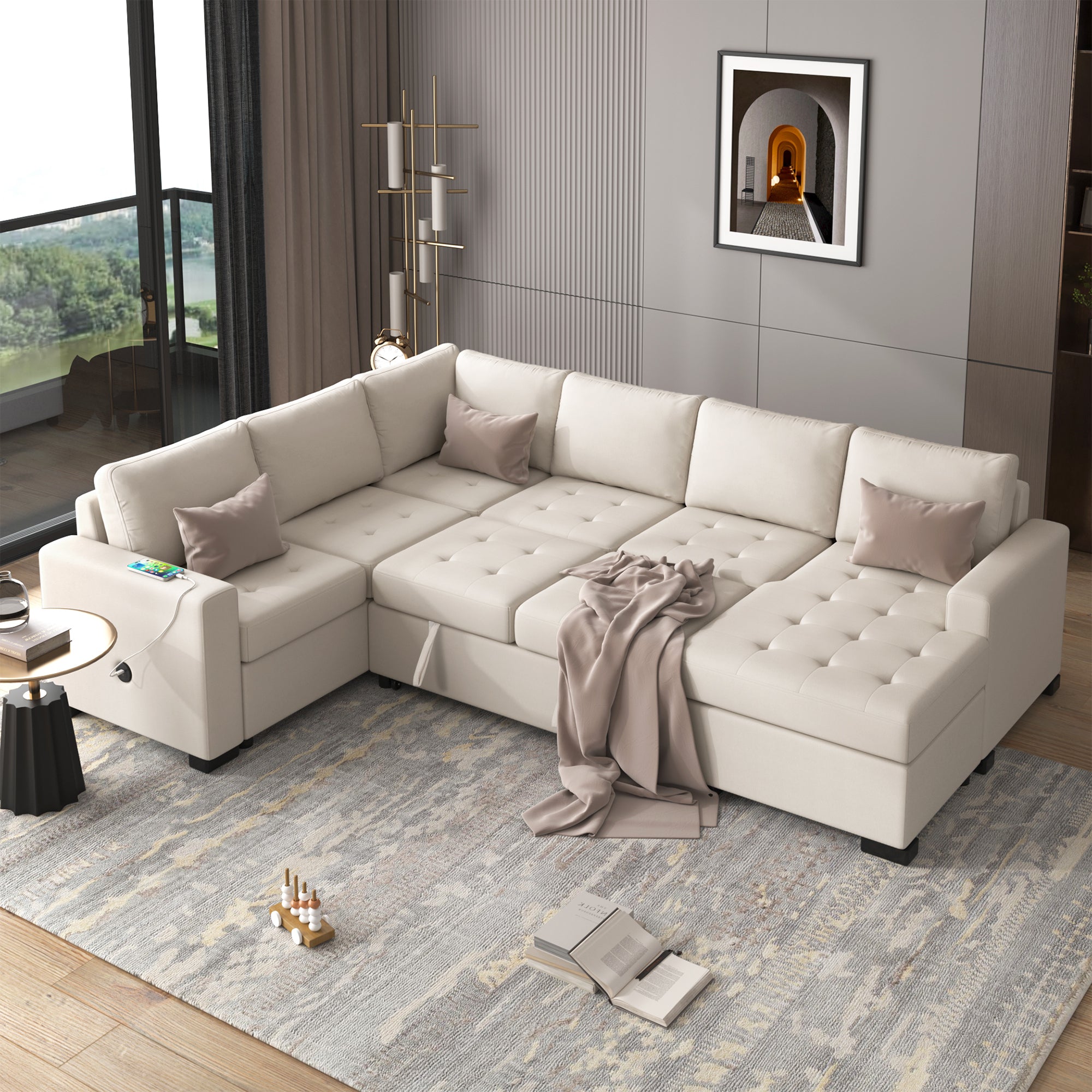 U-Style Sectional Sleeper Sofa w/ Pull-Out Bed & Lounge