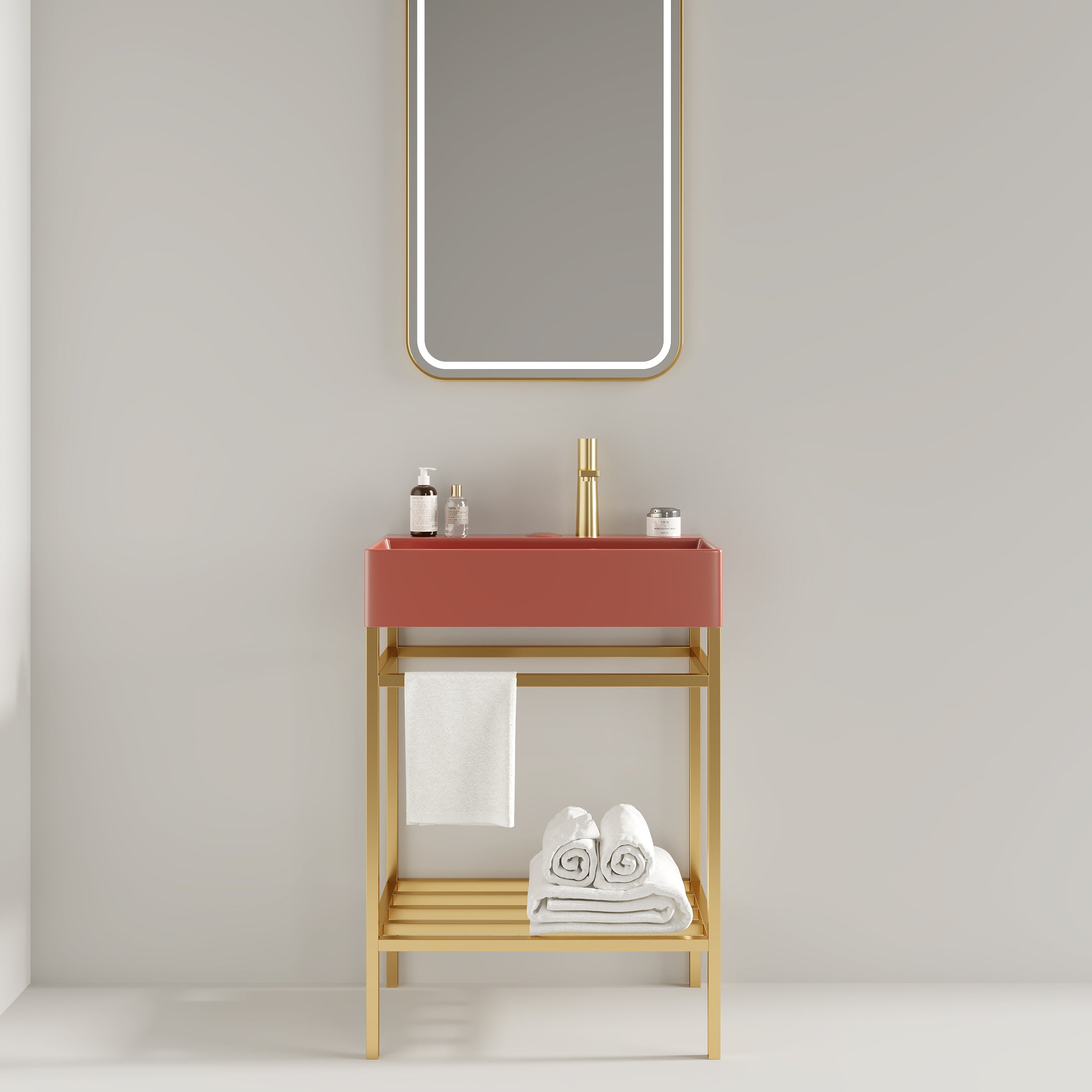 LOFI Red Bathroom Vanity Set with Gold Legs