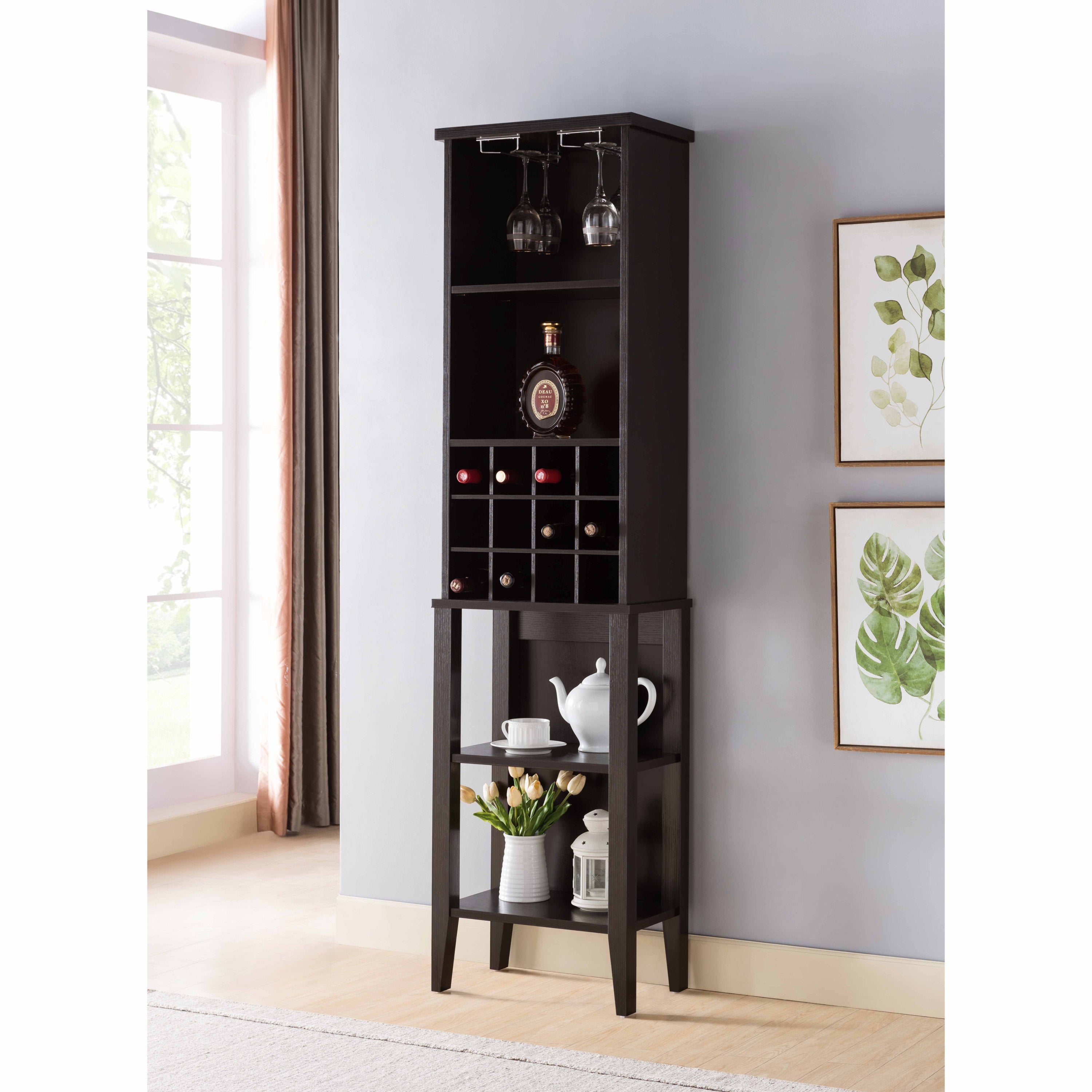 Wooden Wine Rack: 4 Shelves, Metal Glass Holder