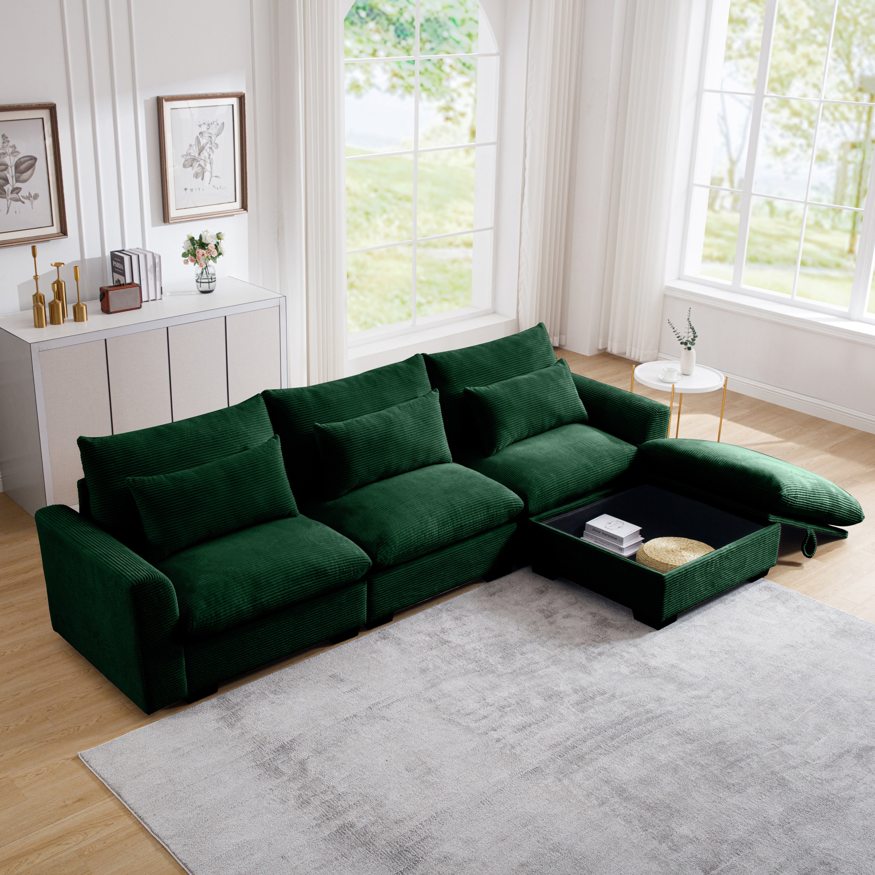 Corduroy Sectional Sofa, L-Shape Couch w/ Storage, Green