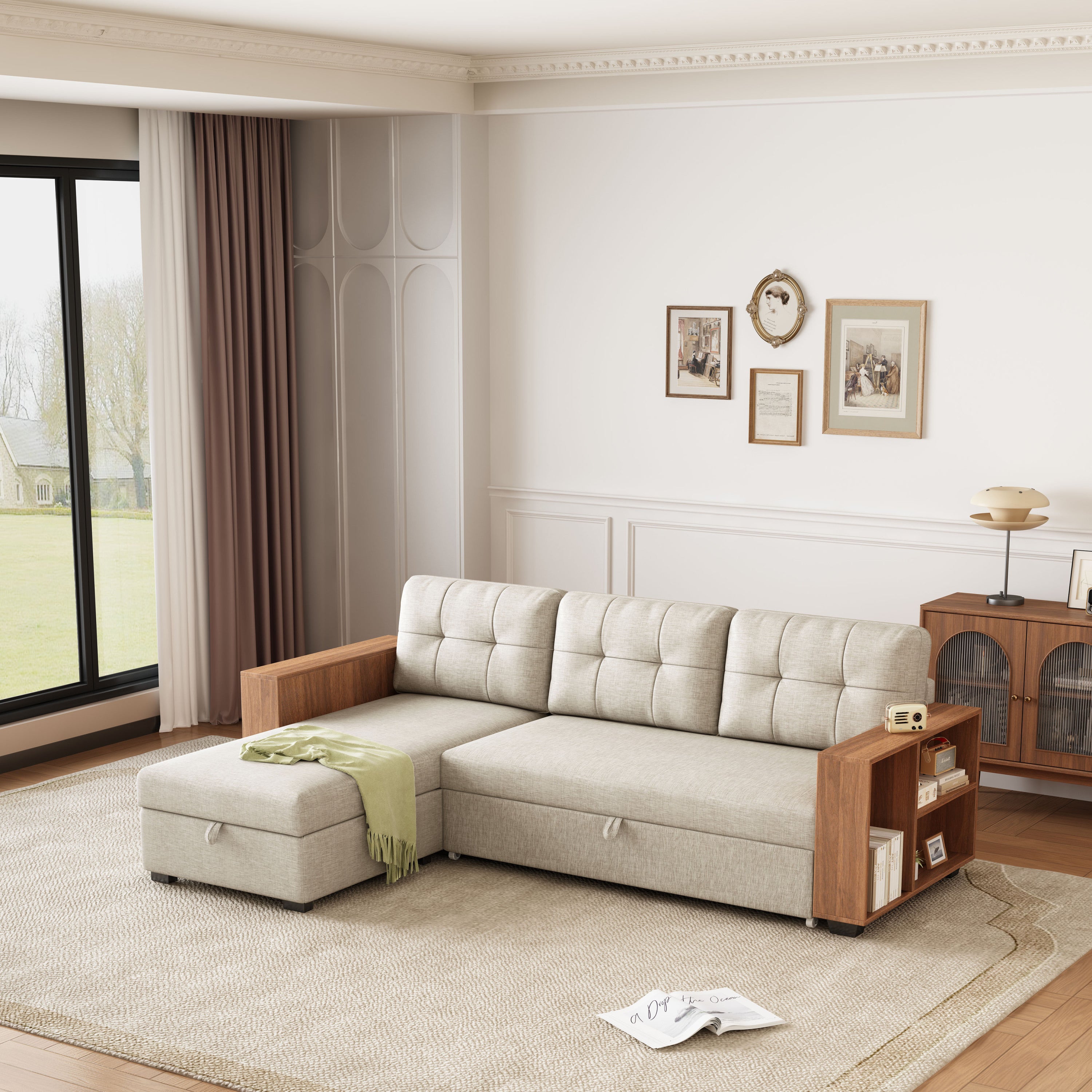 Upholstered Pull-Out Sectional Sofa w/ Storage Chaise (Beige)