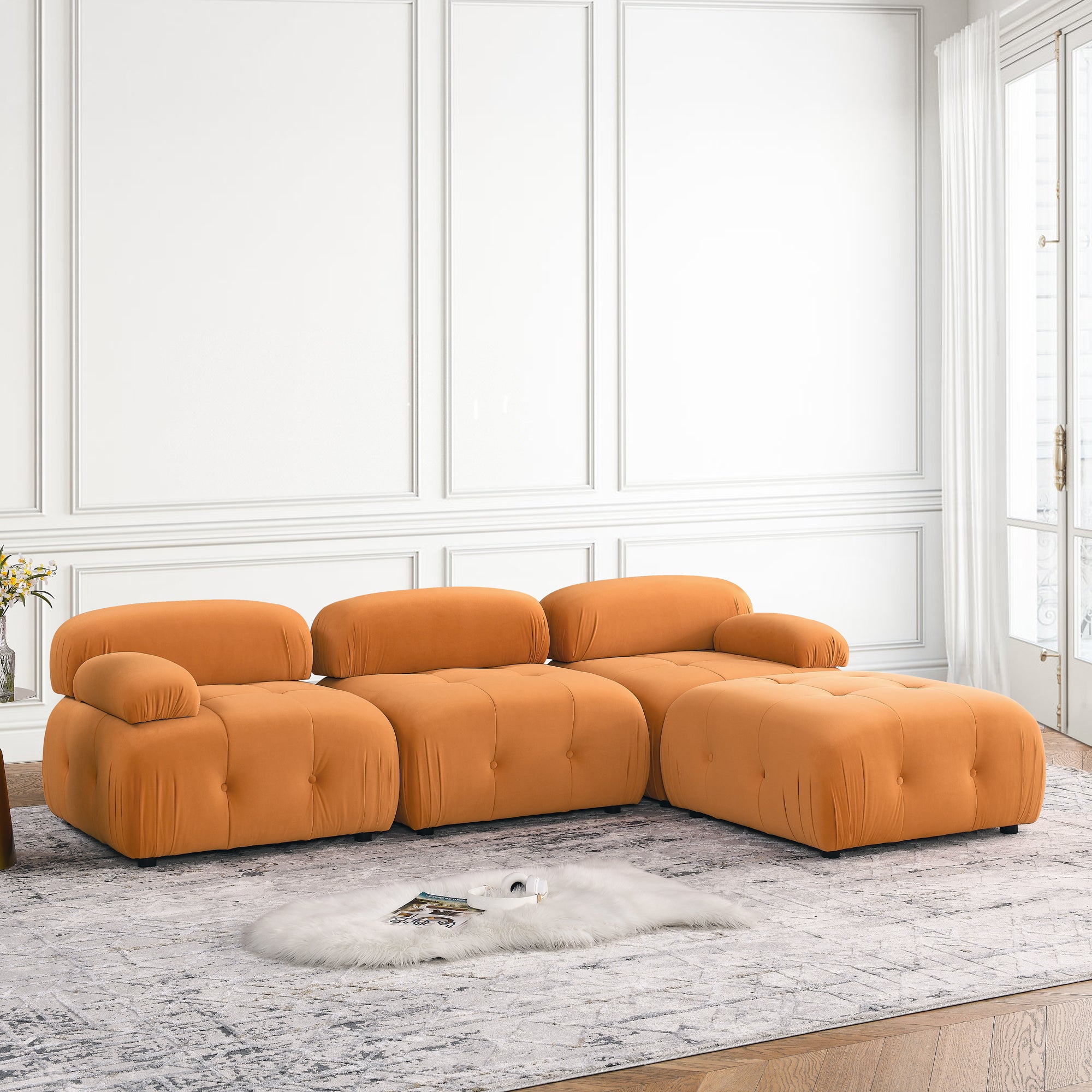 Modular Sectional Sofa, Orange Velvet, Button Tufted, DIY