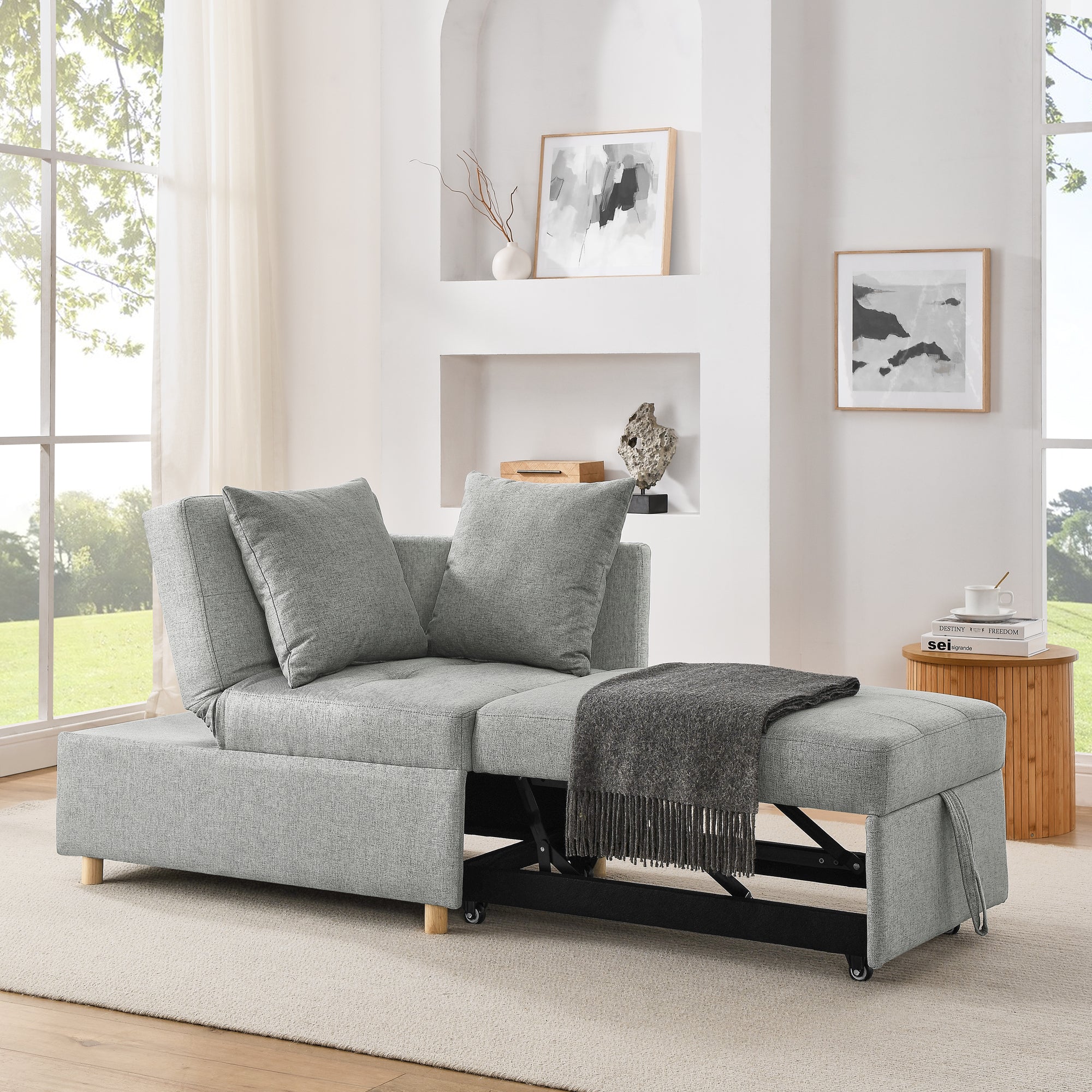 Grey Linen Convertible Sleeper Sofa Chair