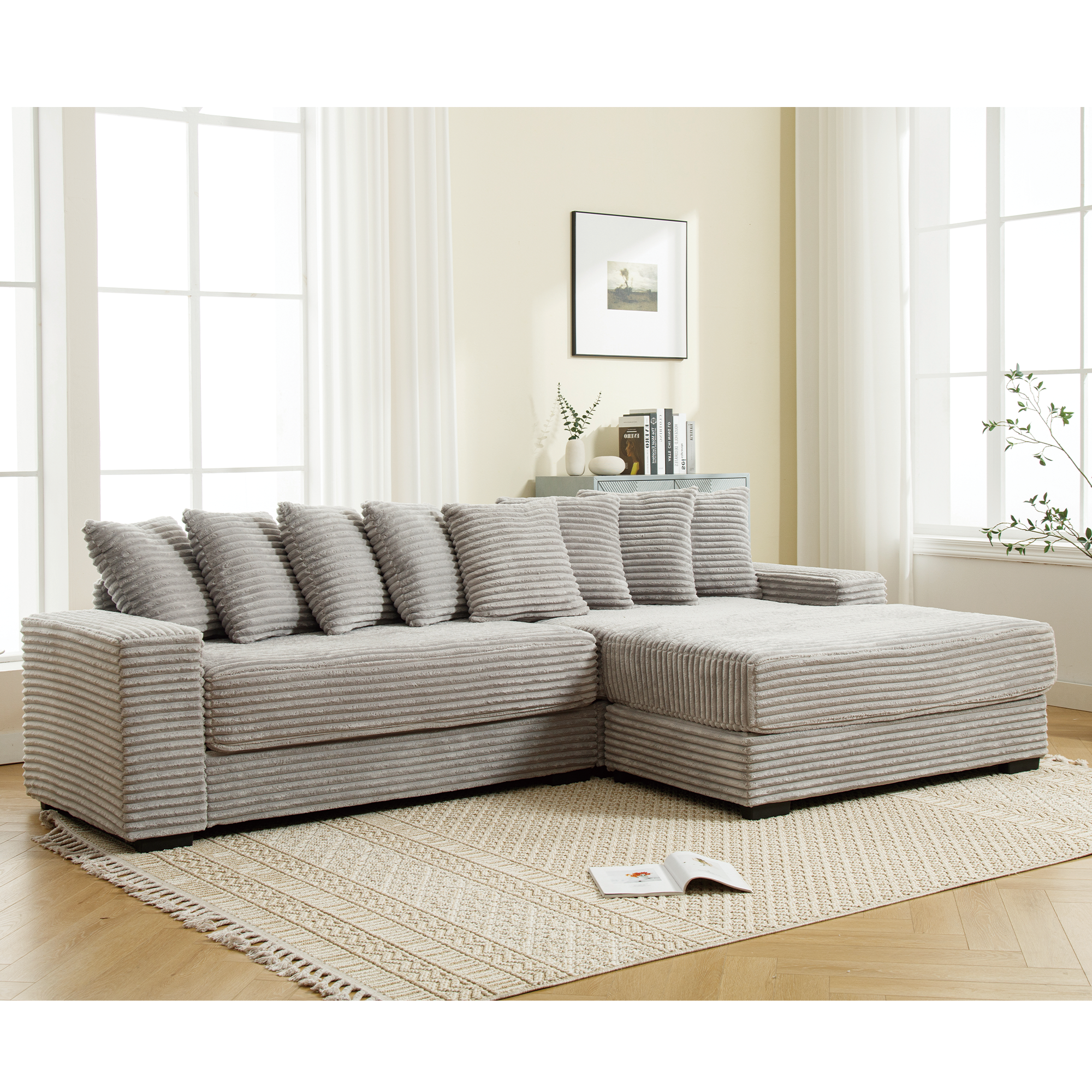 Oversized Corduroy L-Shaped Sofa w/ Chaise & 8 Pillows - Gray