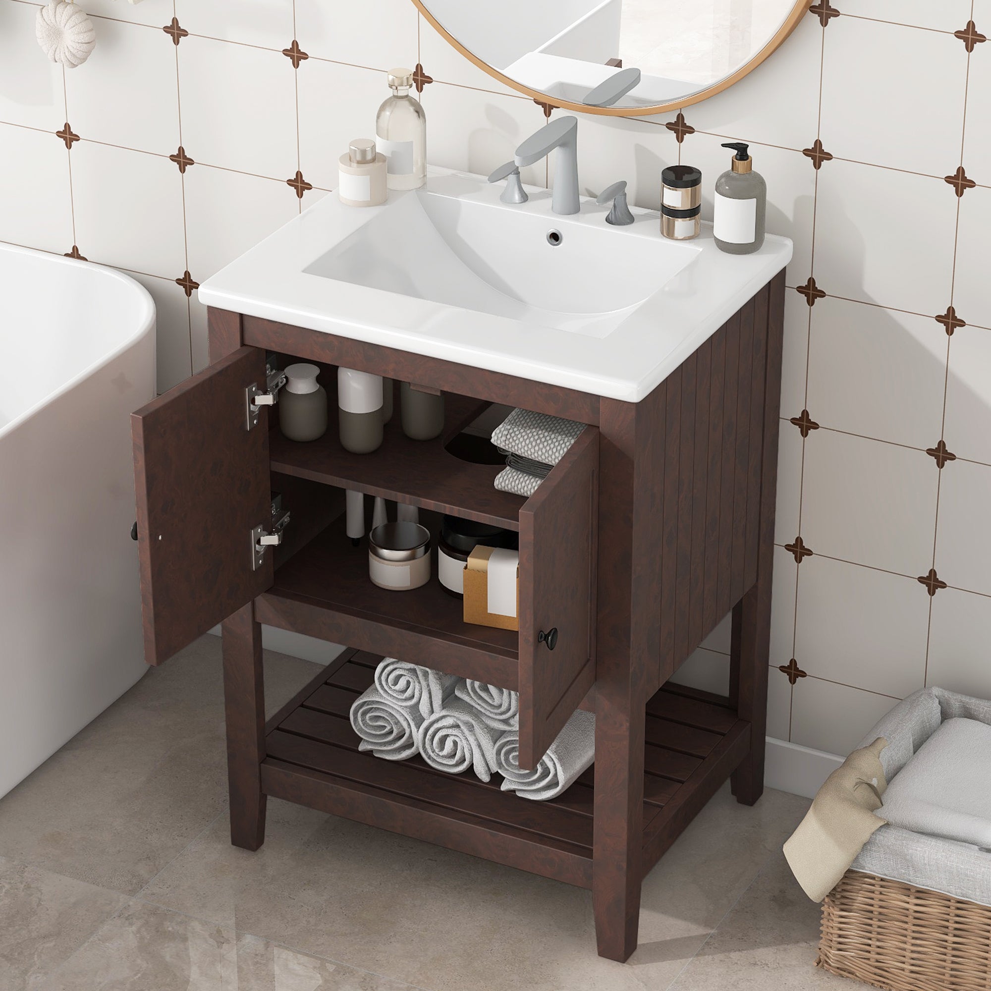 Modern Brown Bathroom Vanity with Ceramic Sink