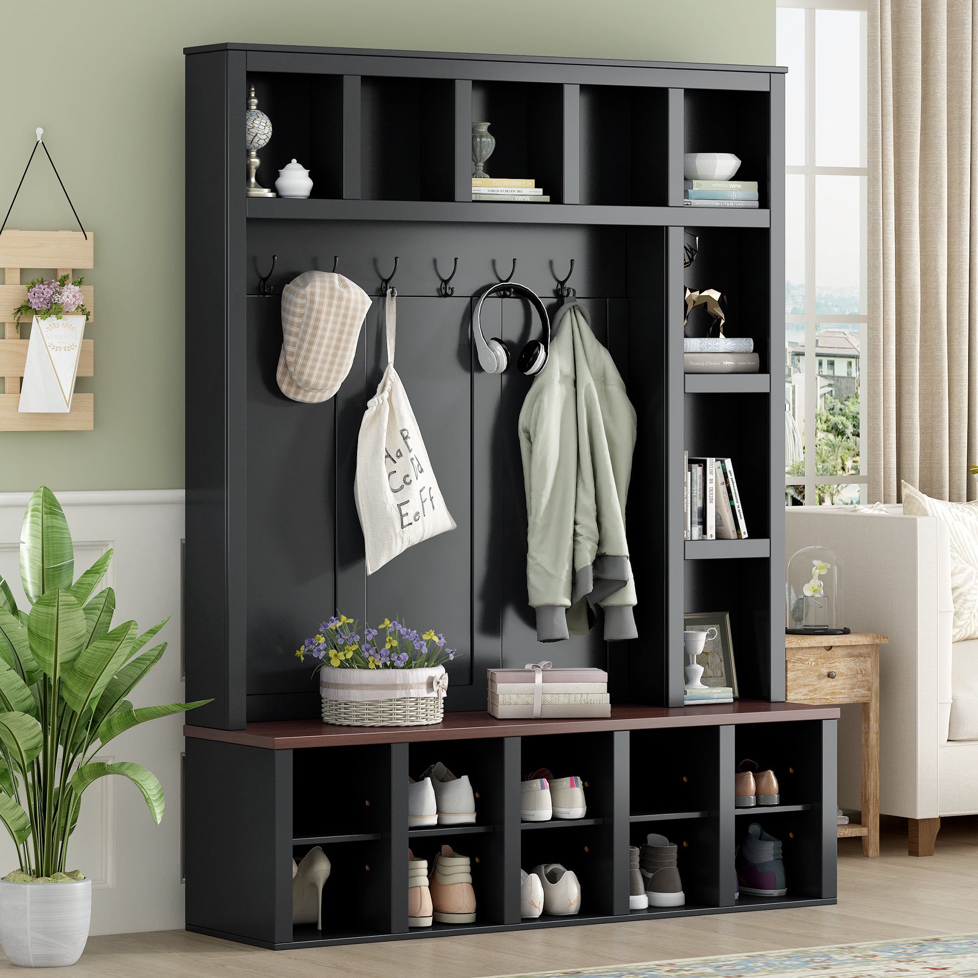 Farmhouse Hall Tree w/ Bench & Storage - Black