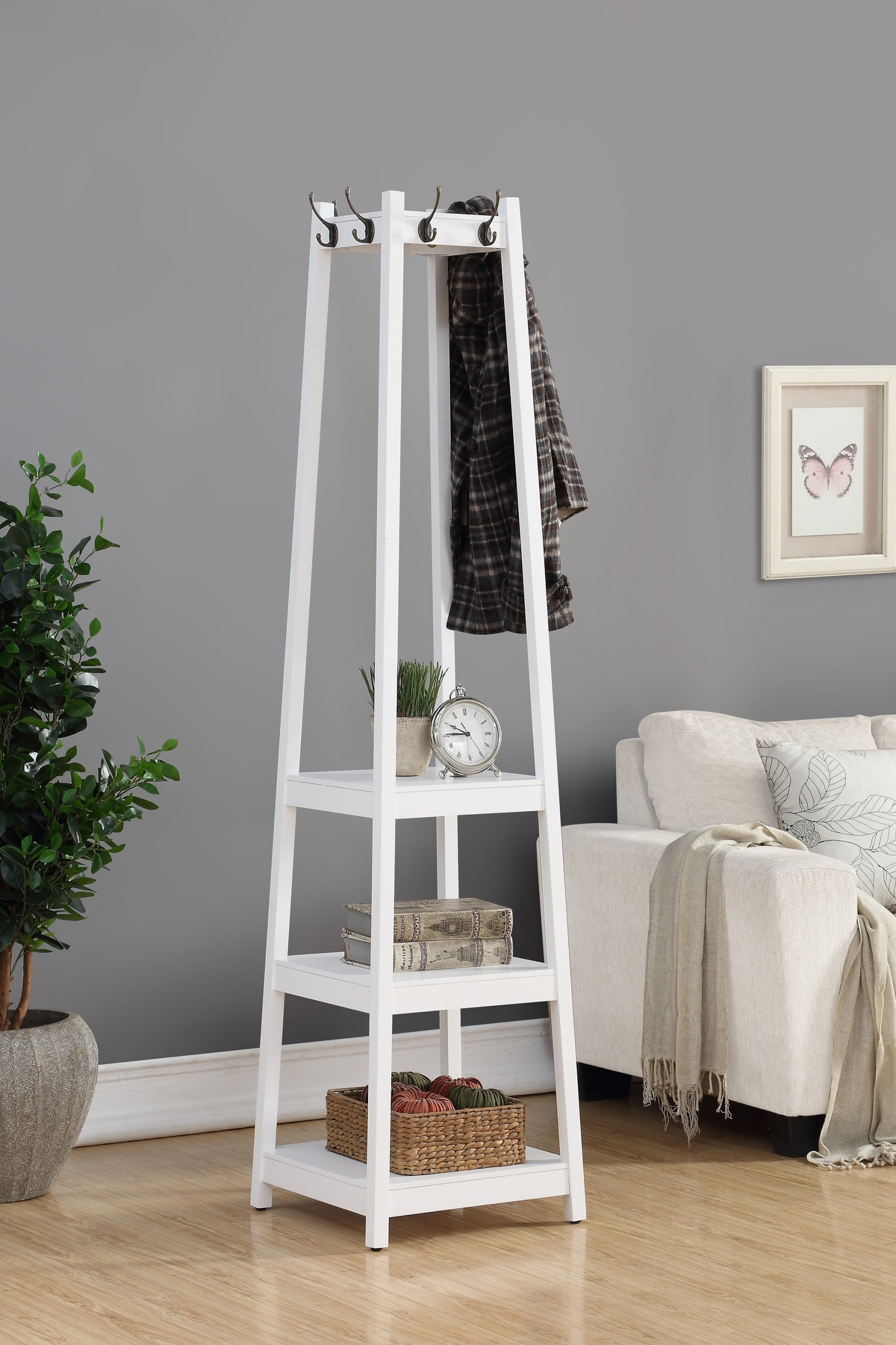 Vassen White Coat Rack w/ 3 Shelves | Entryway Storage