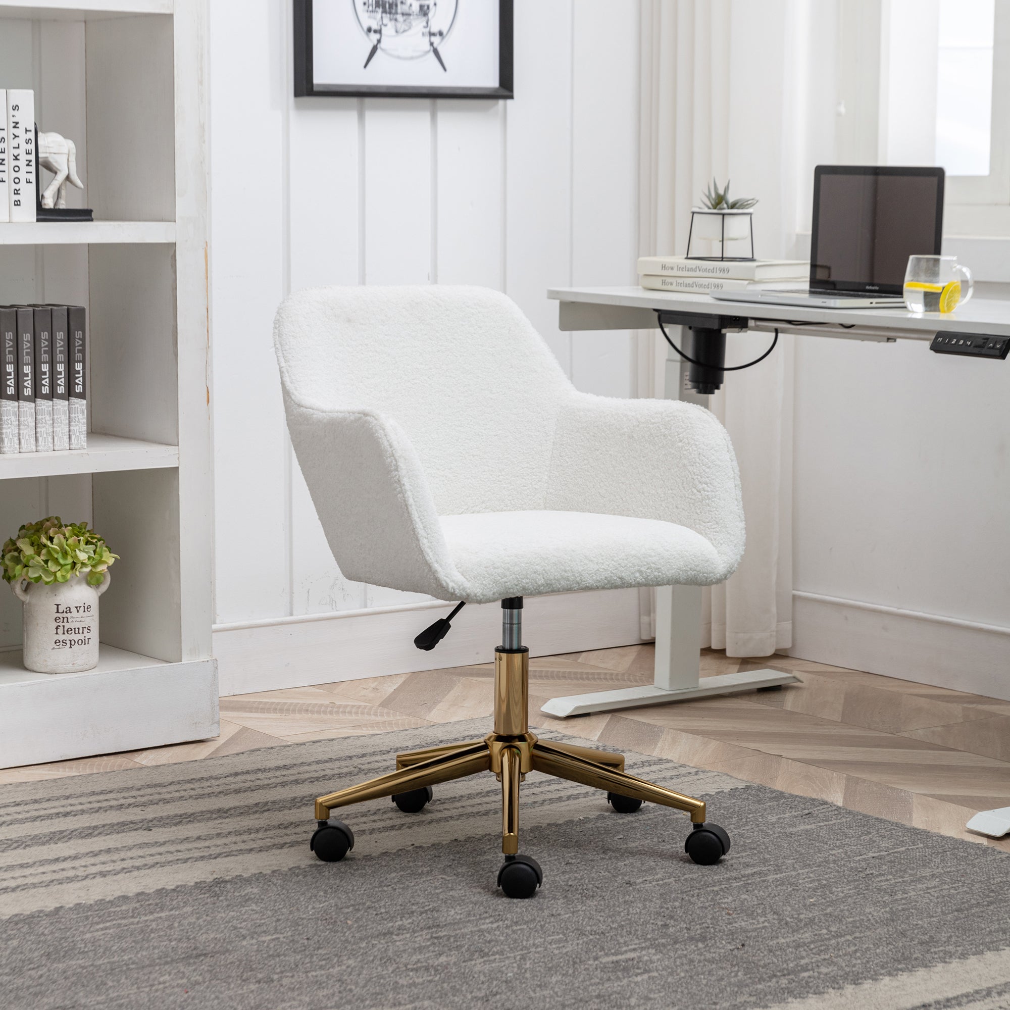 Modern Teddy Office Chair, White & Gold, Adjustable Height