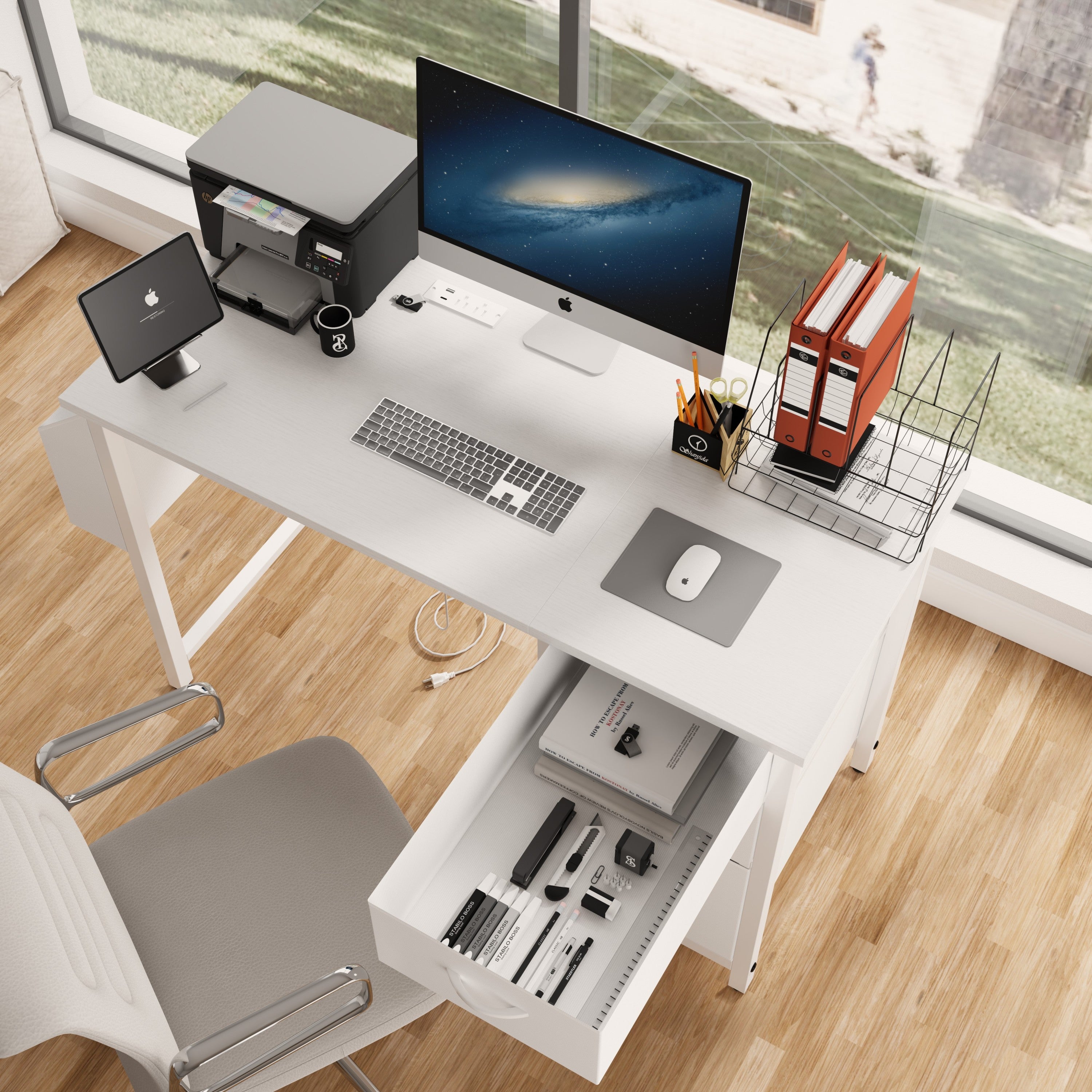 47" White Desk w/ Power Outlet, Drawers & Side Pocket