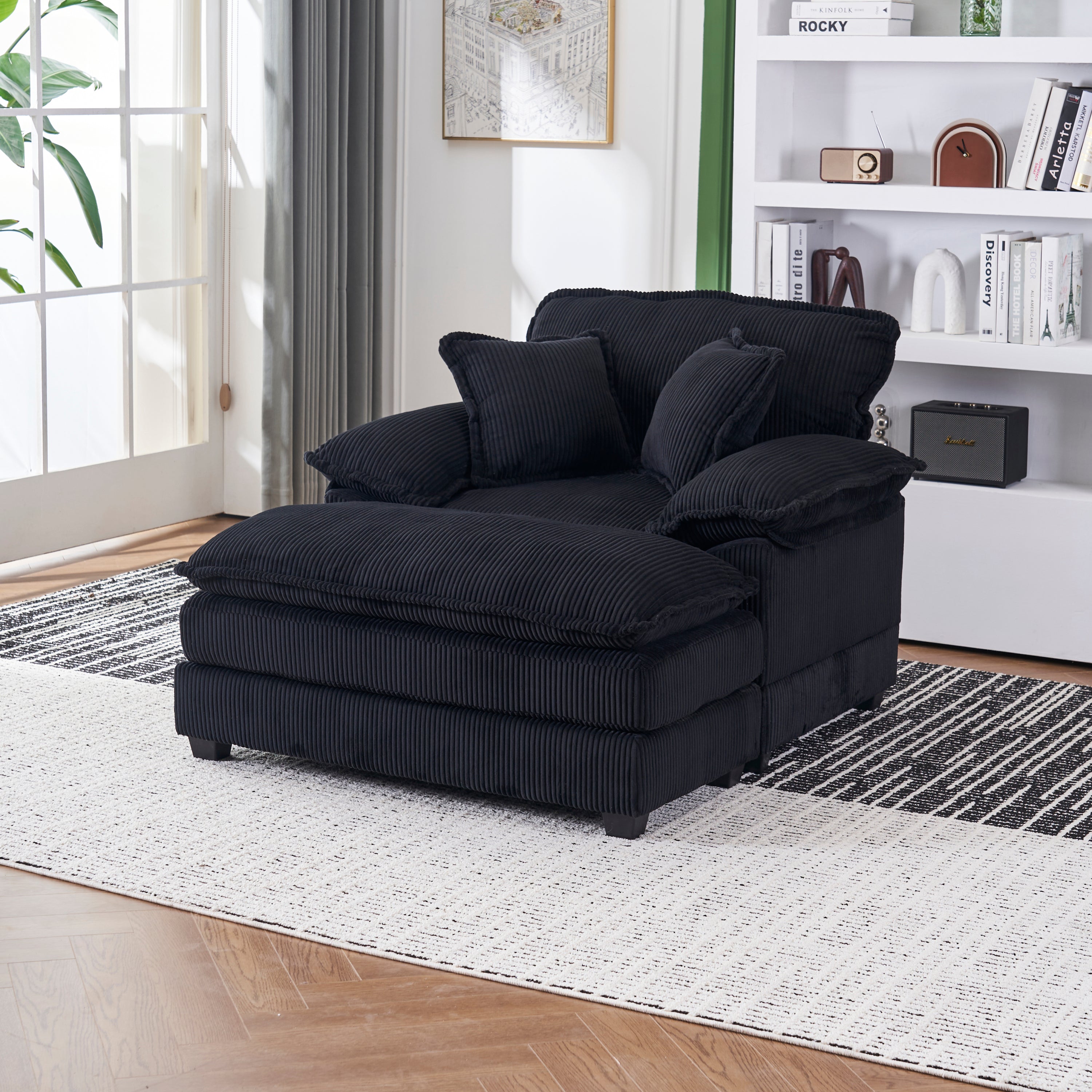 Deep Seat Corduroy Sofa with Ottoman & Pillows