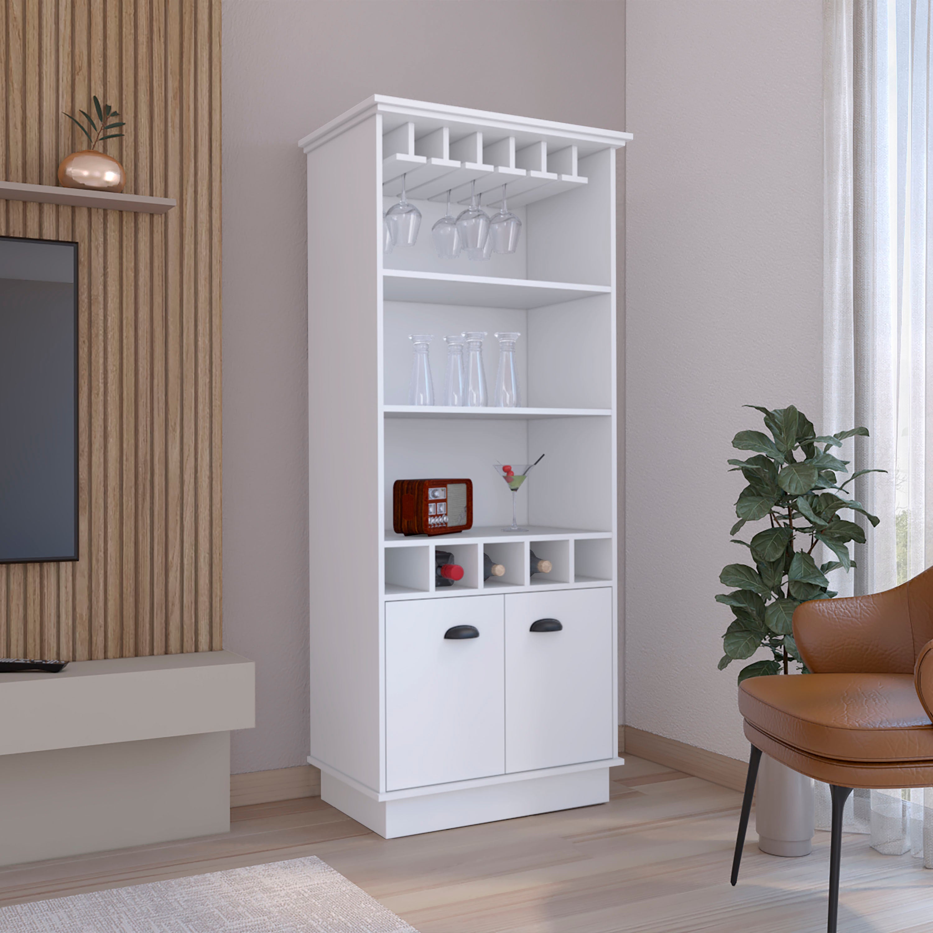 70"H White Bar Cabinet: Wine Rack & Glass Shelves