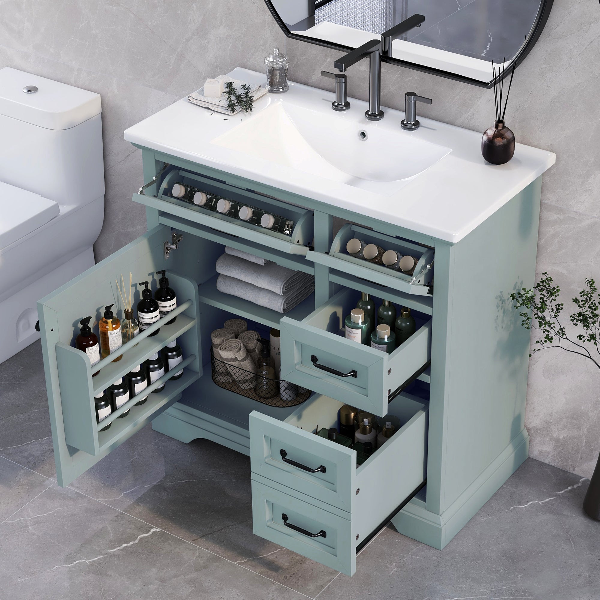 36" Grey Bathroom Vanity: Ceramic Sink & Drawers