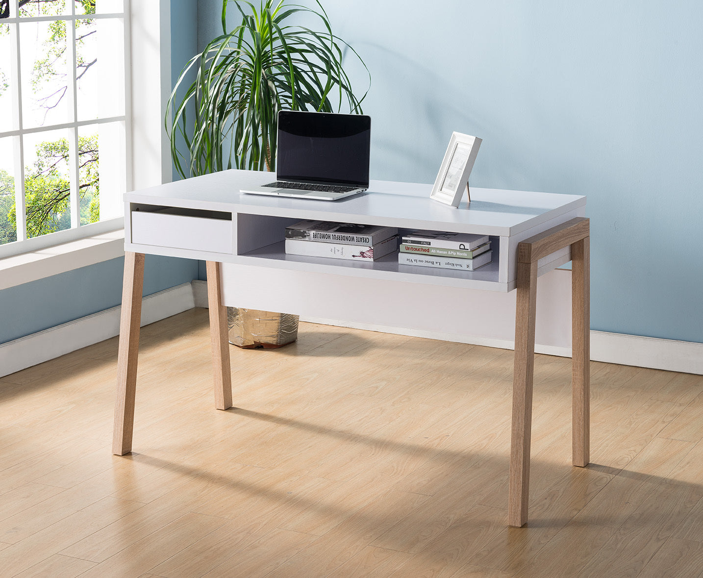White Office Desk w/ Hidden Storage, Drawer & USB