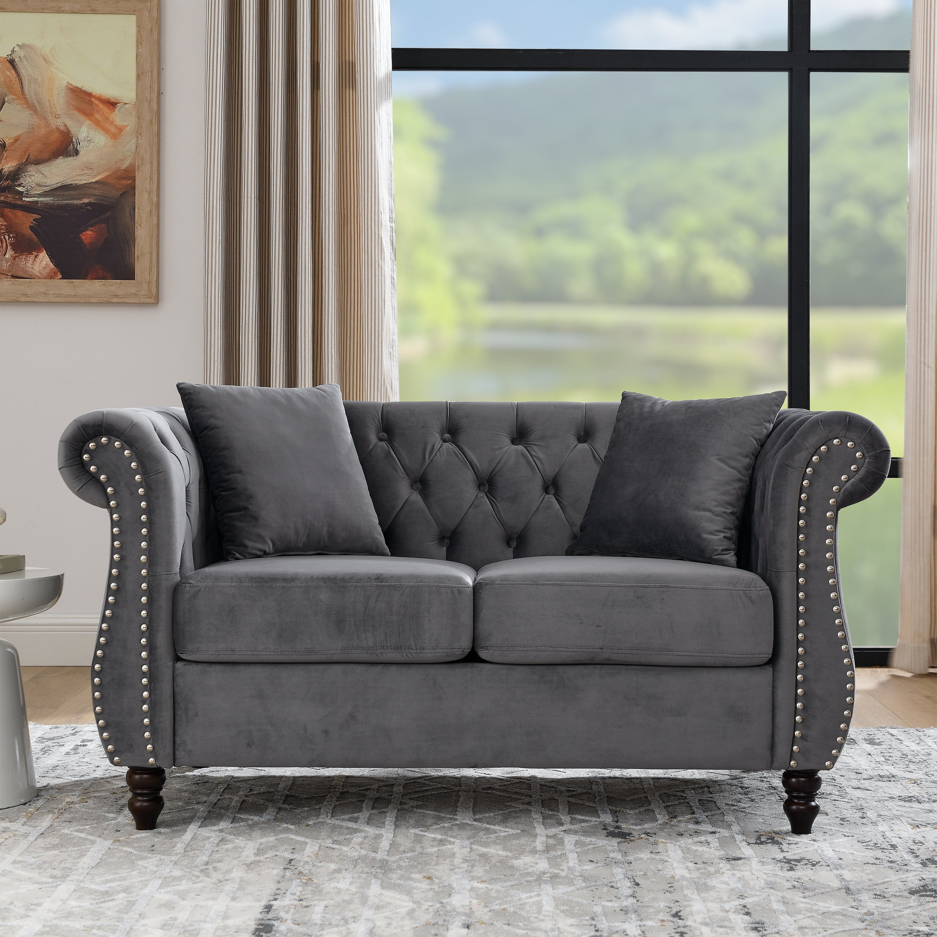 Grey Velvet Chesterfield Sofa | 2 Seater Tufted Couch