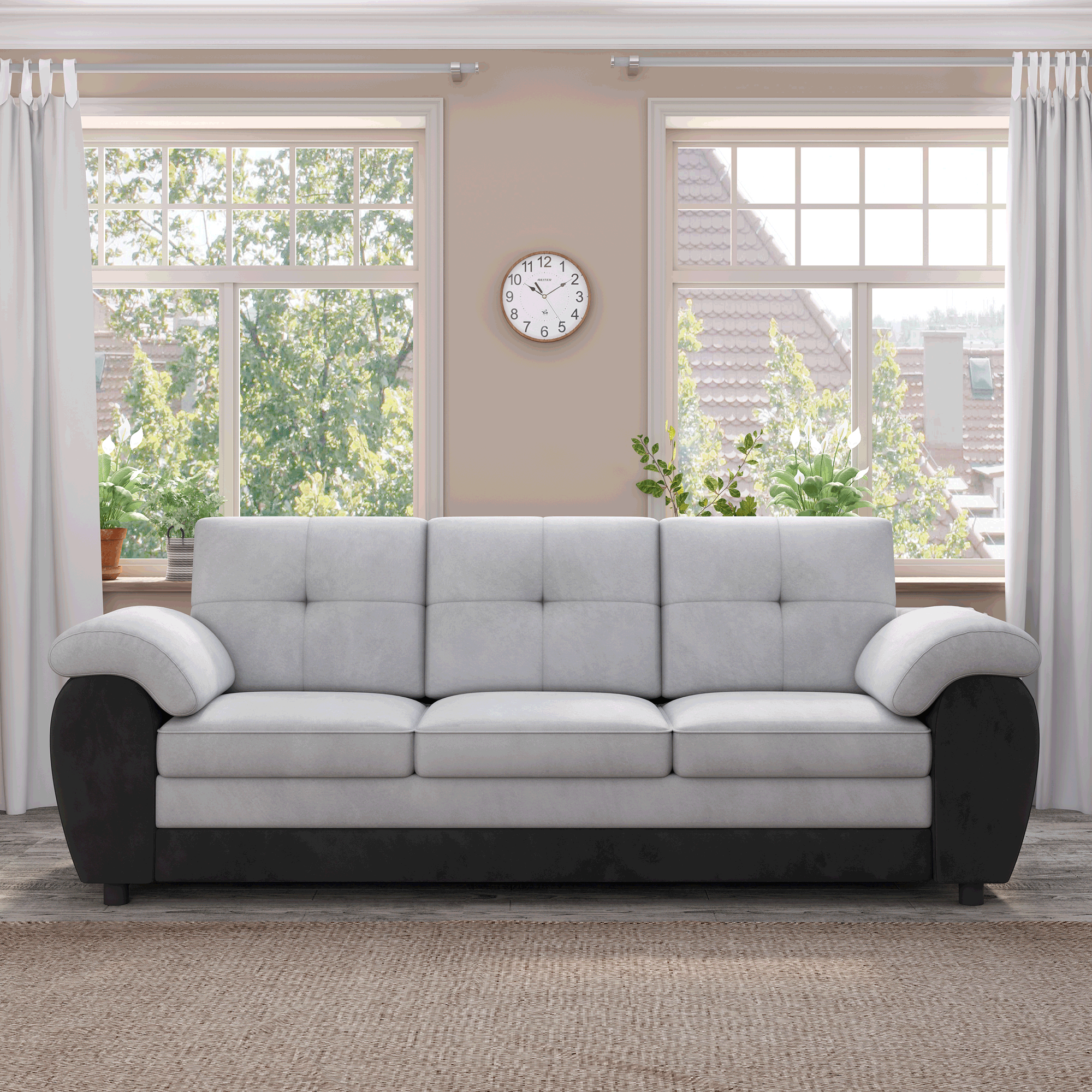 Large 3-Seat Sofa: Black Leather & Gray Velvet