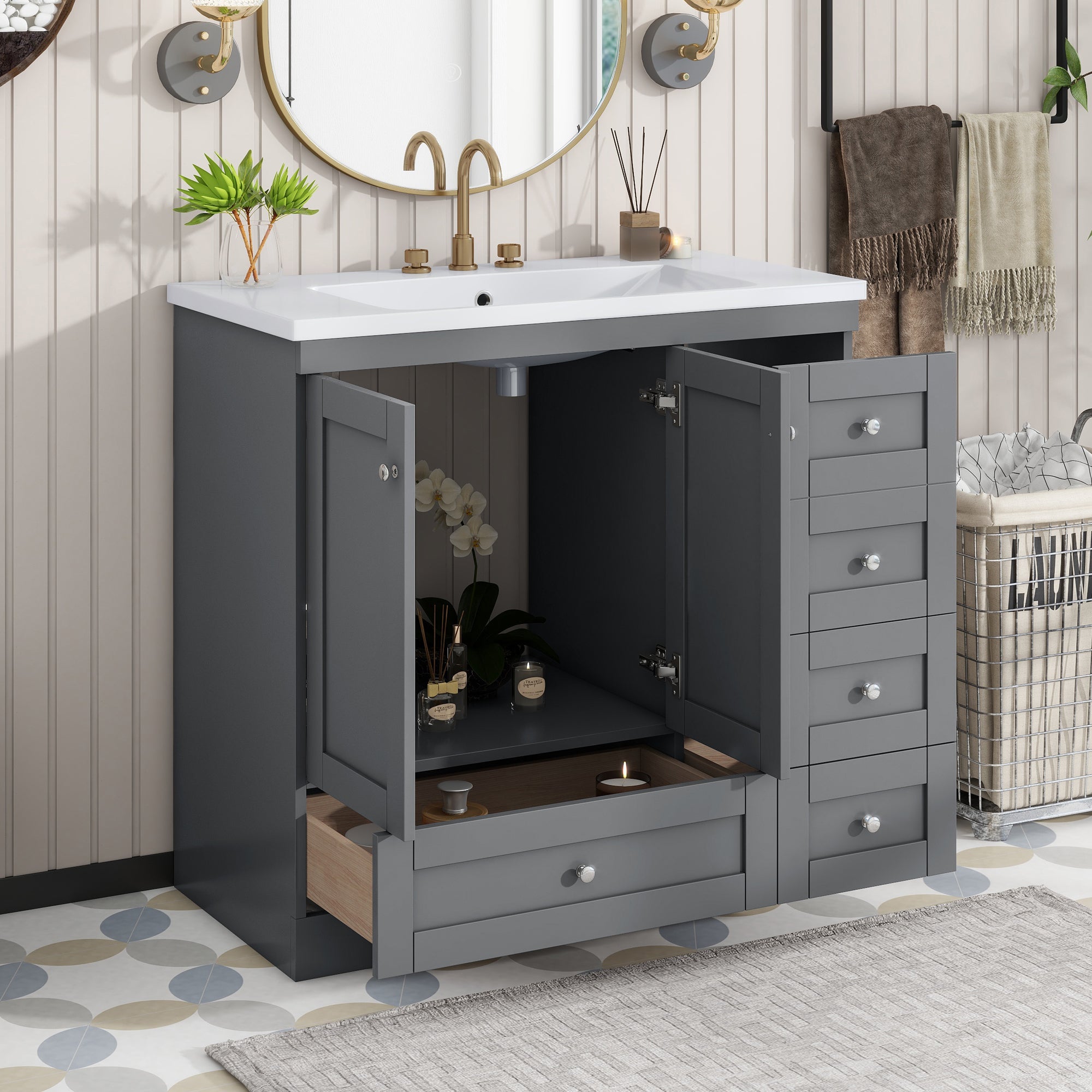 36" Shaker Bathroom Vanity: Sink, 4 Drawers, 2 Doors