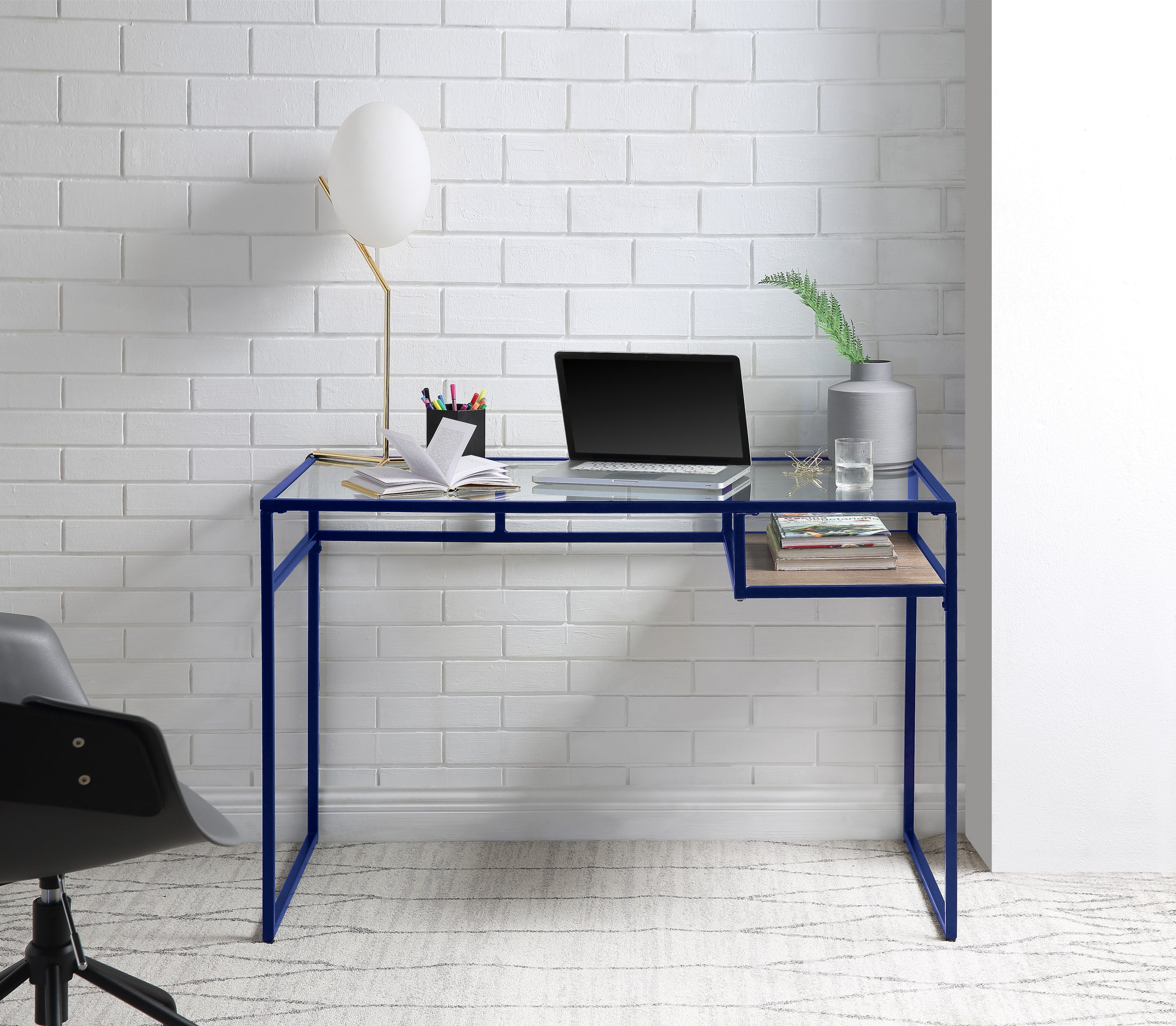 Yasin Glass Top Writing Desk, Blue Finish
