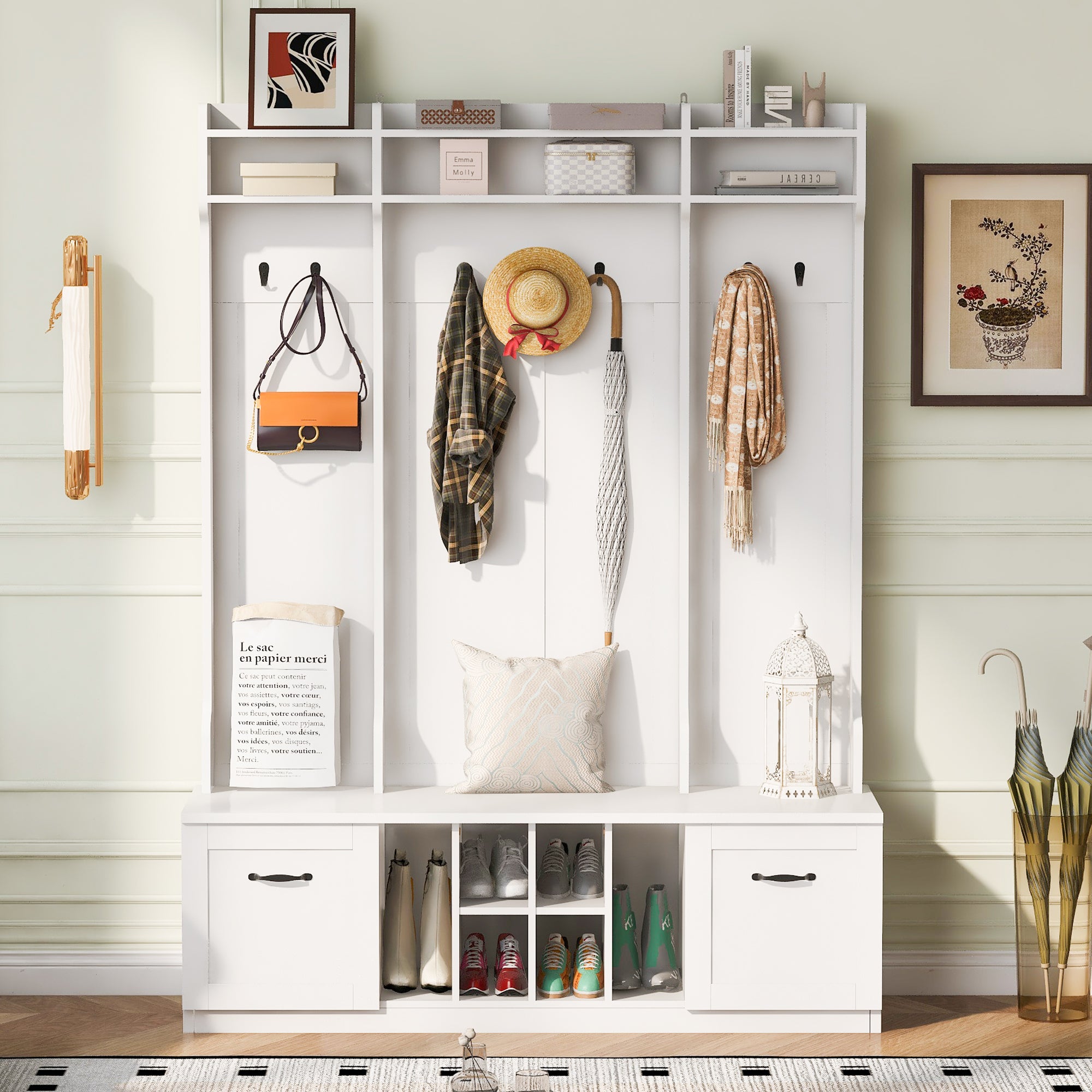 5-in-1 Entryway Bench w/ Coat Rack & Drawers