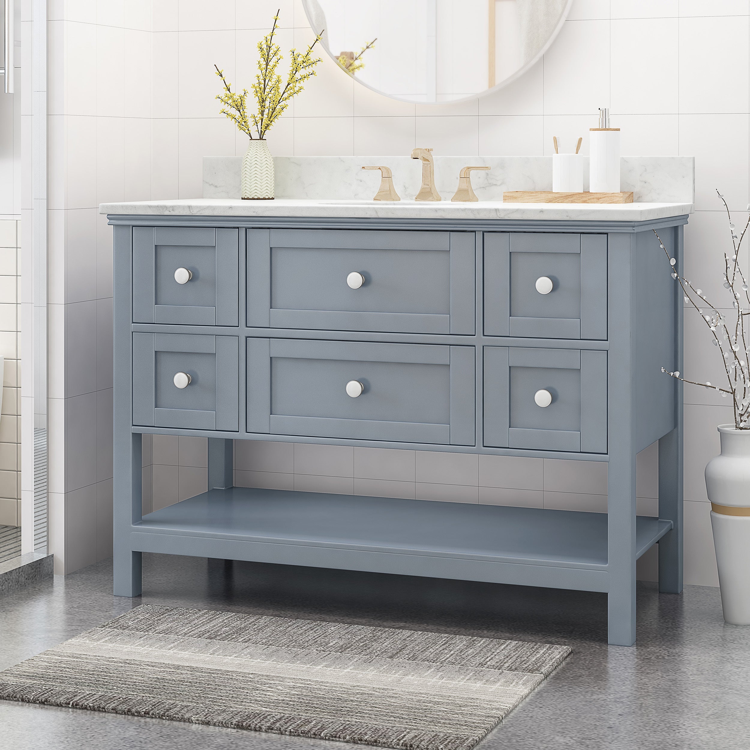 49" Gray Bathroom Vanity: Marble Top, 5 Drawers