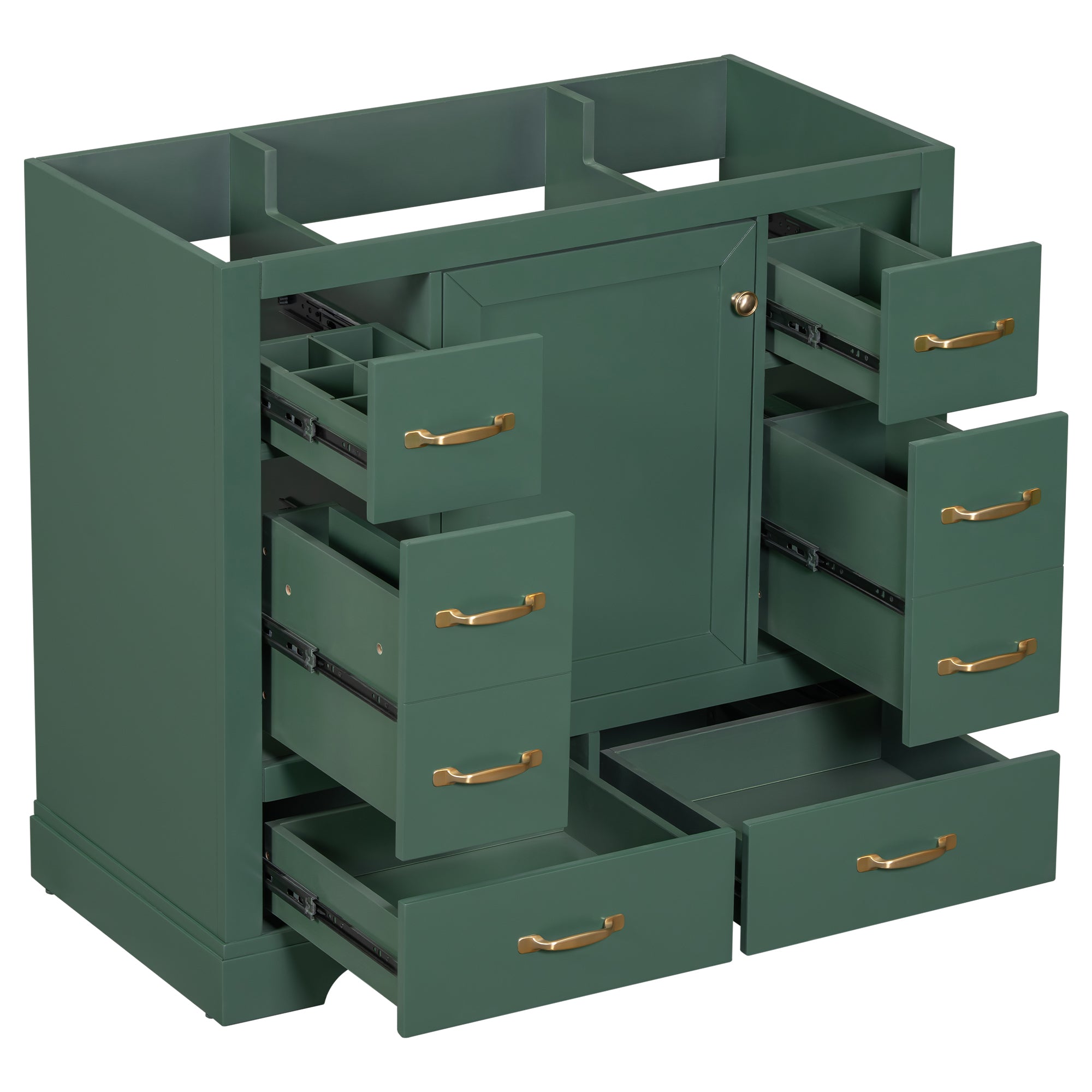 36" Green Vanity Base: 6 Drawers, Adjustable Shelf