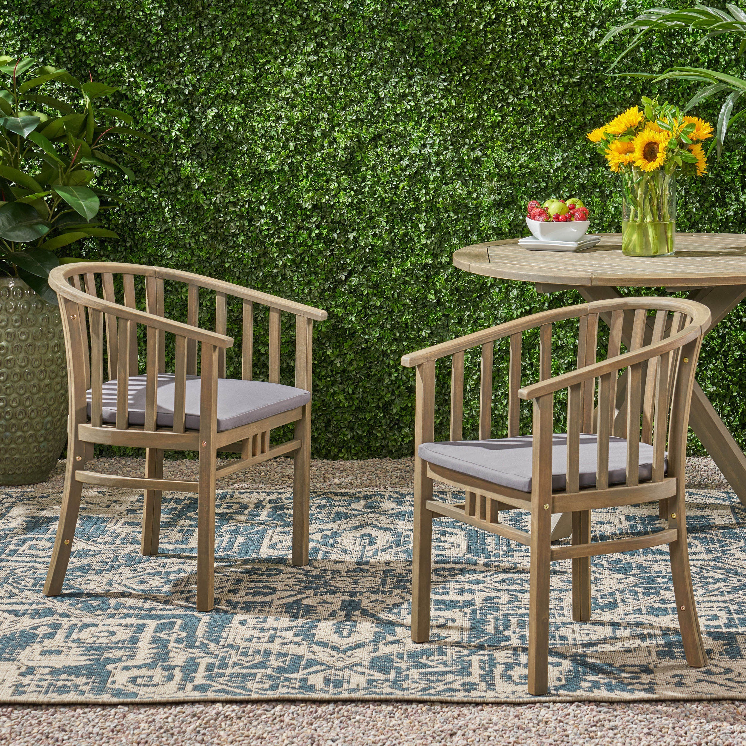 Grey Outdoor Wooden Dining Chairs w/ Cushions (2)