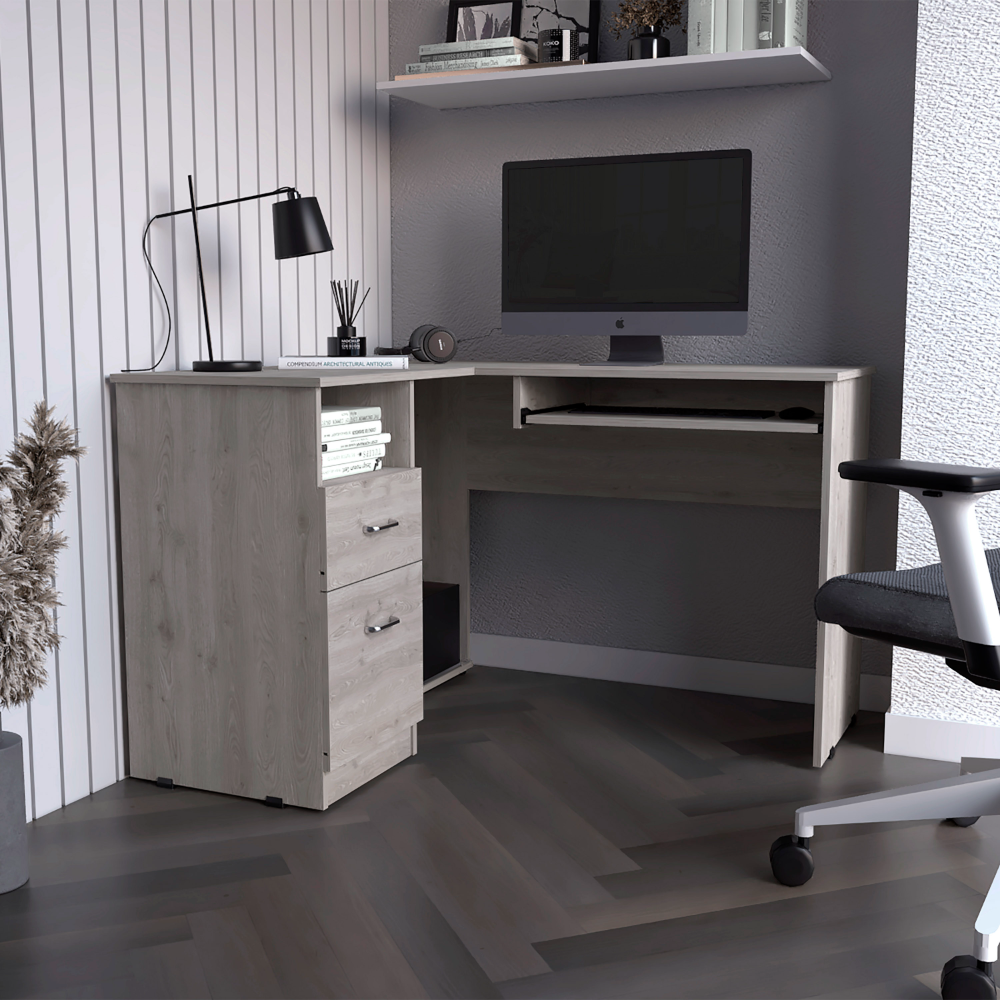 L-Shaped Desk with Keyboard Tray, Drawers & Shelf - Light Gray