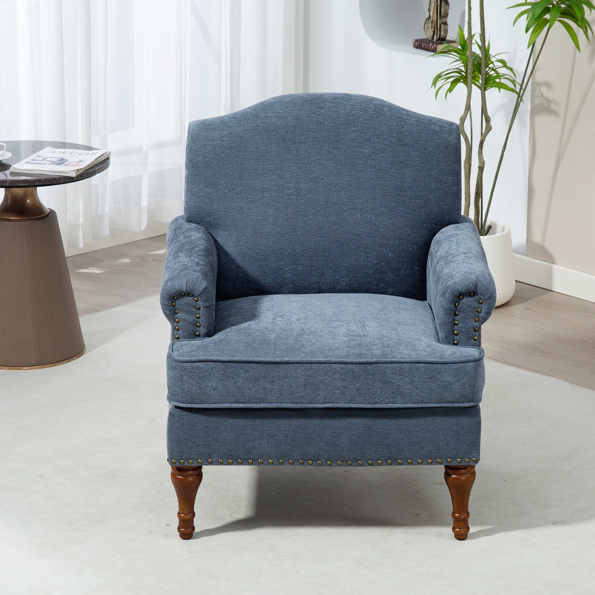 Grey Chenille Accent Chair: Nailhead Trim & Springs