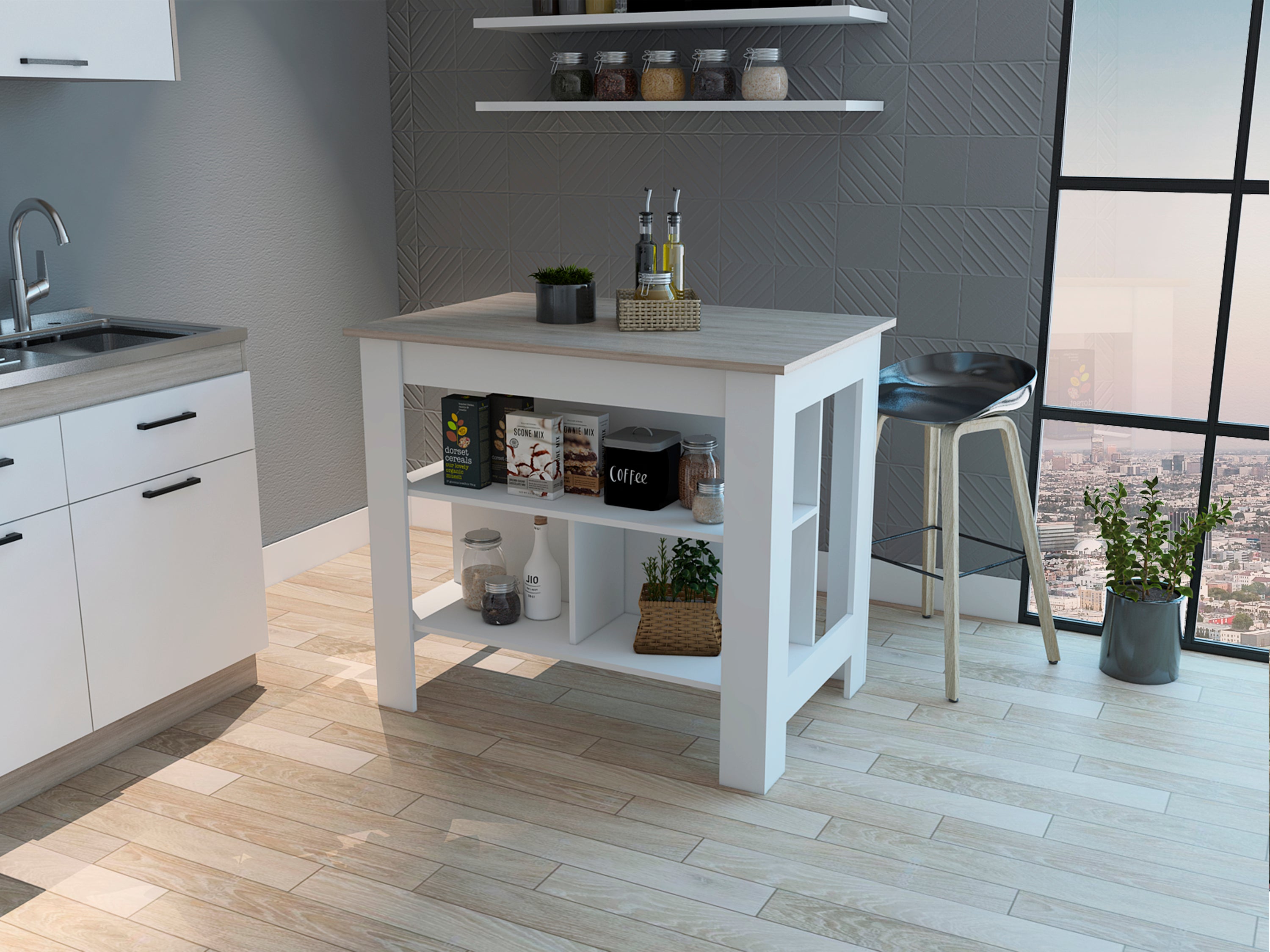 Rockaway White & Grey 3-Shelf Kitchen Island