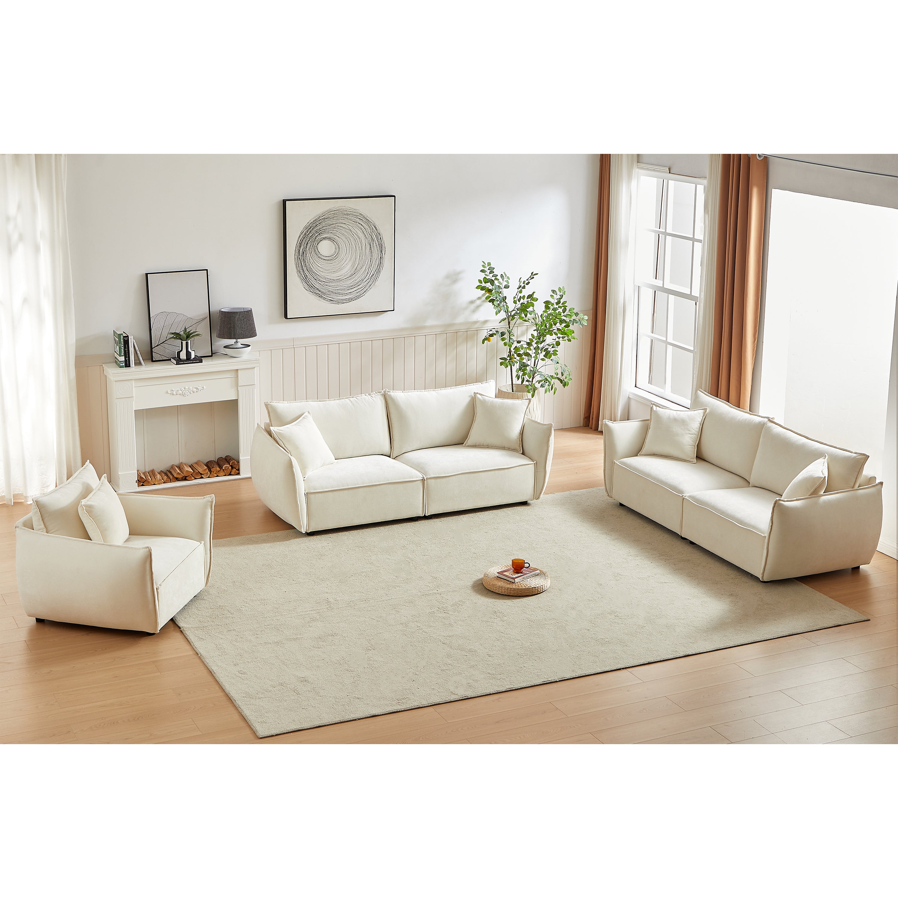 Modern 3+3+1 Sofa Set: Linen, Wooden Frame