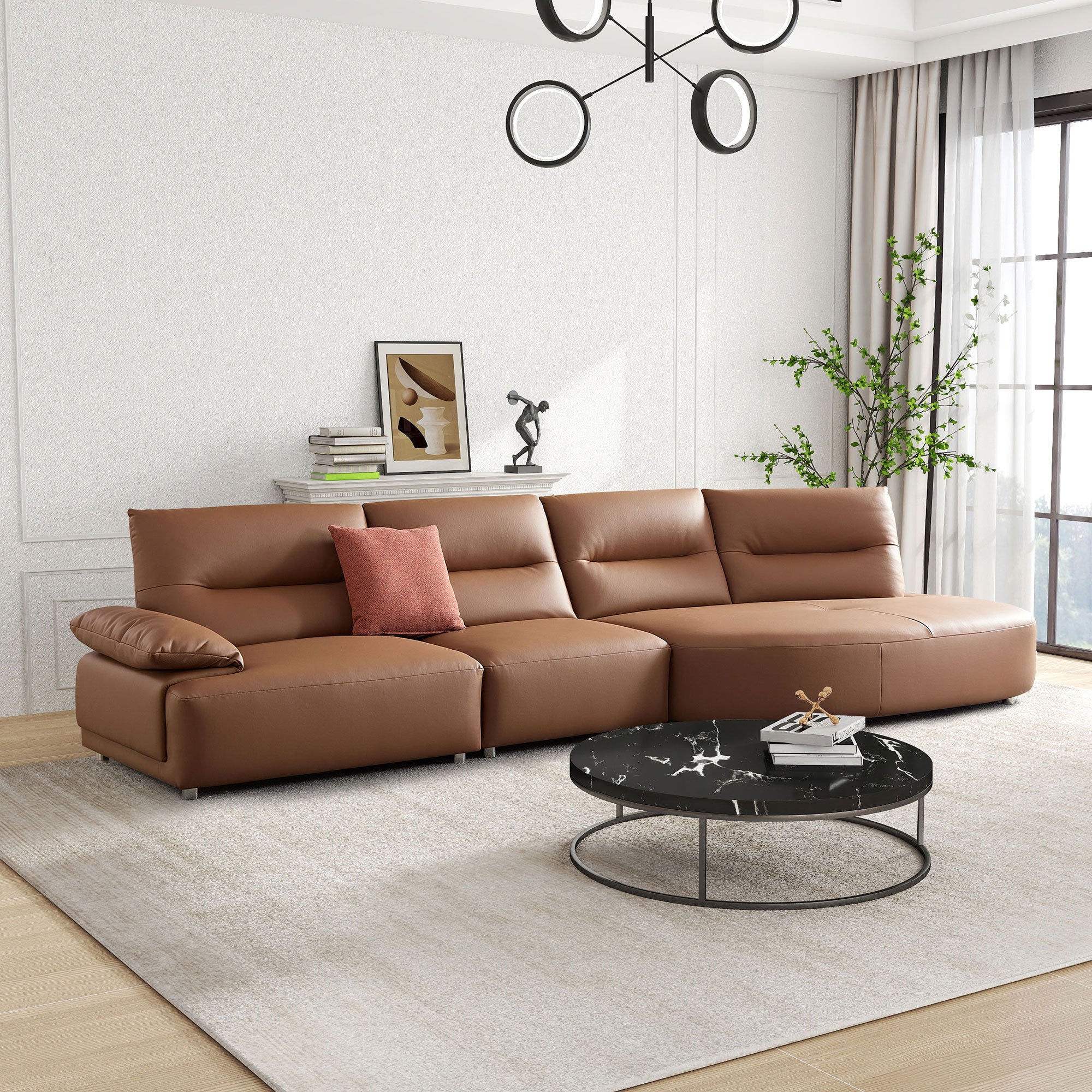 Curved Sectional Sofa: 147'' Brown Eco-Leather