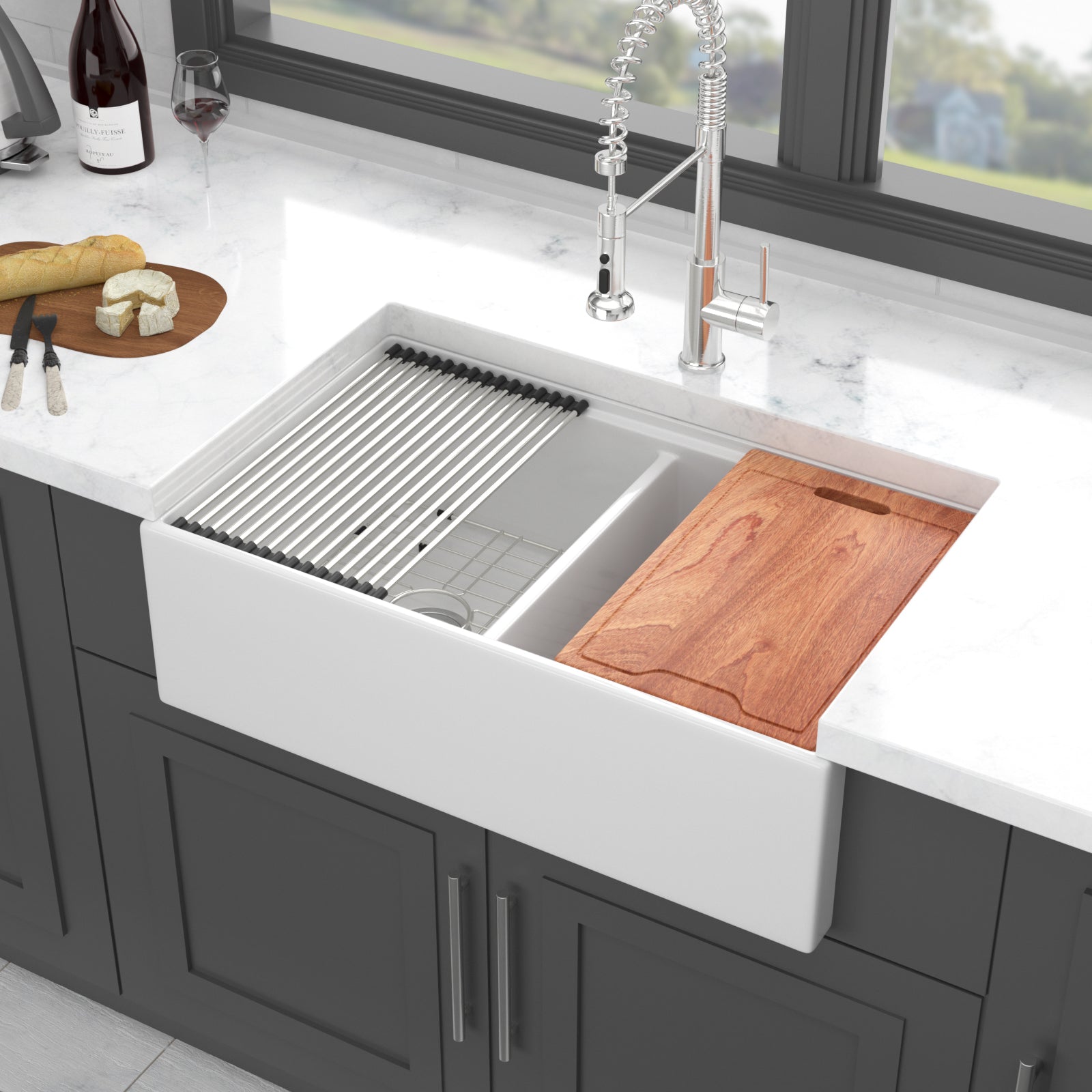 33" White Farmhouse Sink: Double Bowl Workstation